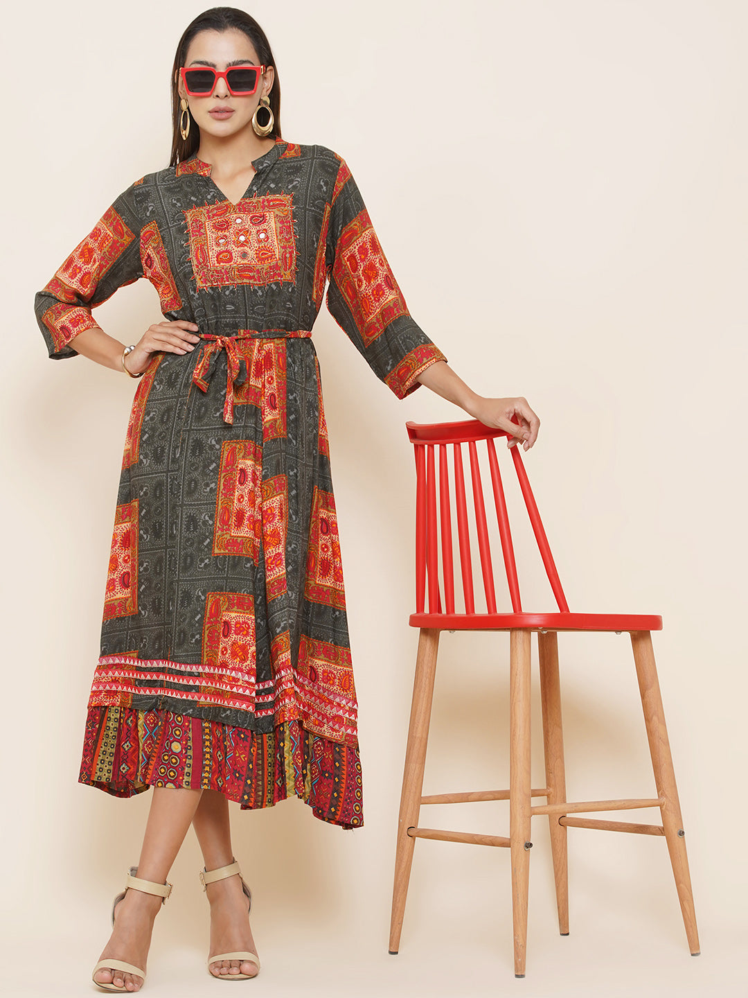 Motifs Printed Dress - Grey & Orange