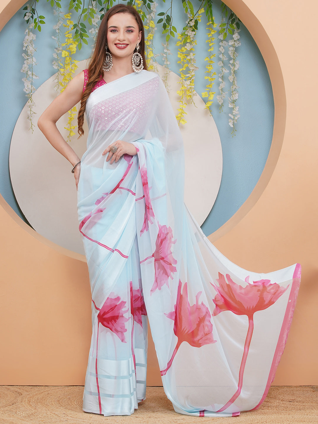 Floral Print Chiffon Saree - Light Blue-Pink