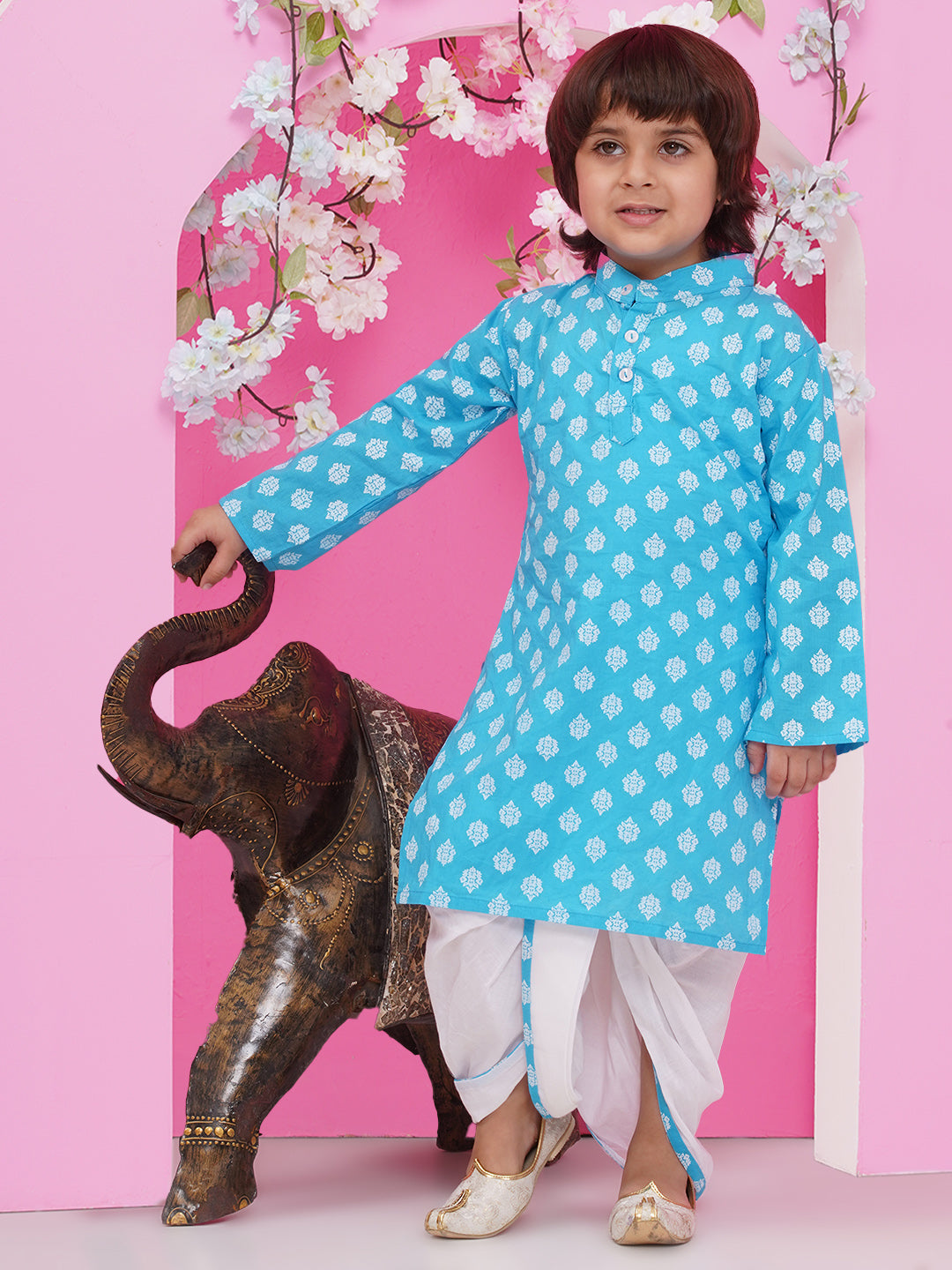 Boys Boti Printed Cotton Kurta with Dhoti - Blue