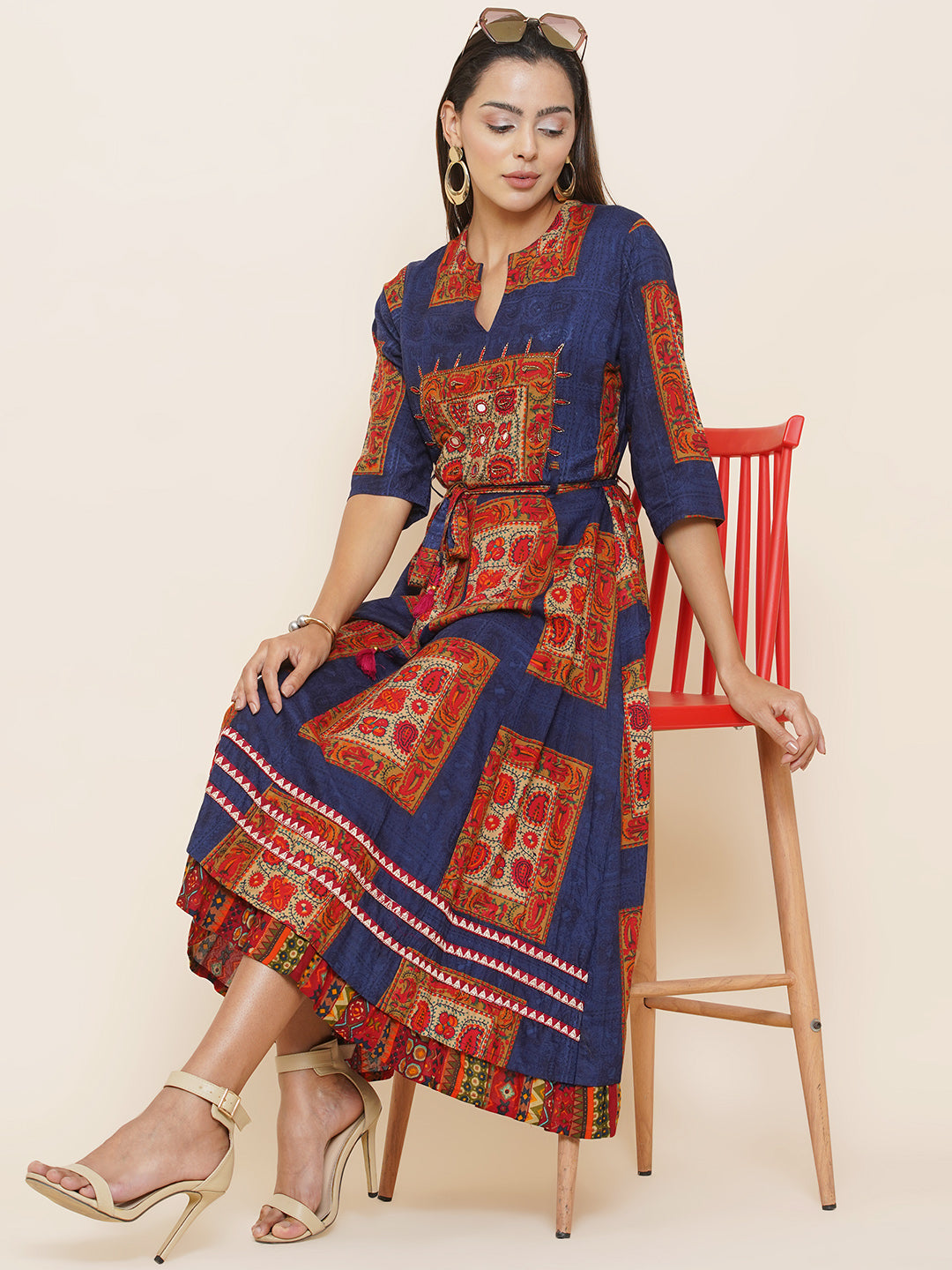 Motifs Printed Dress - Blue & Orange