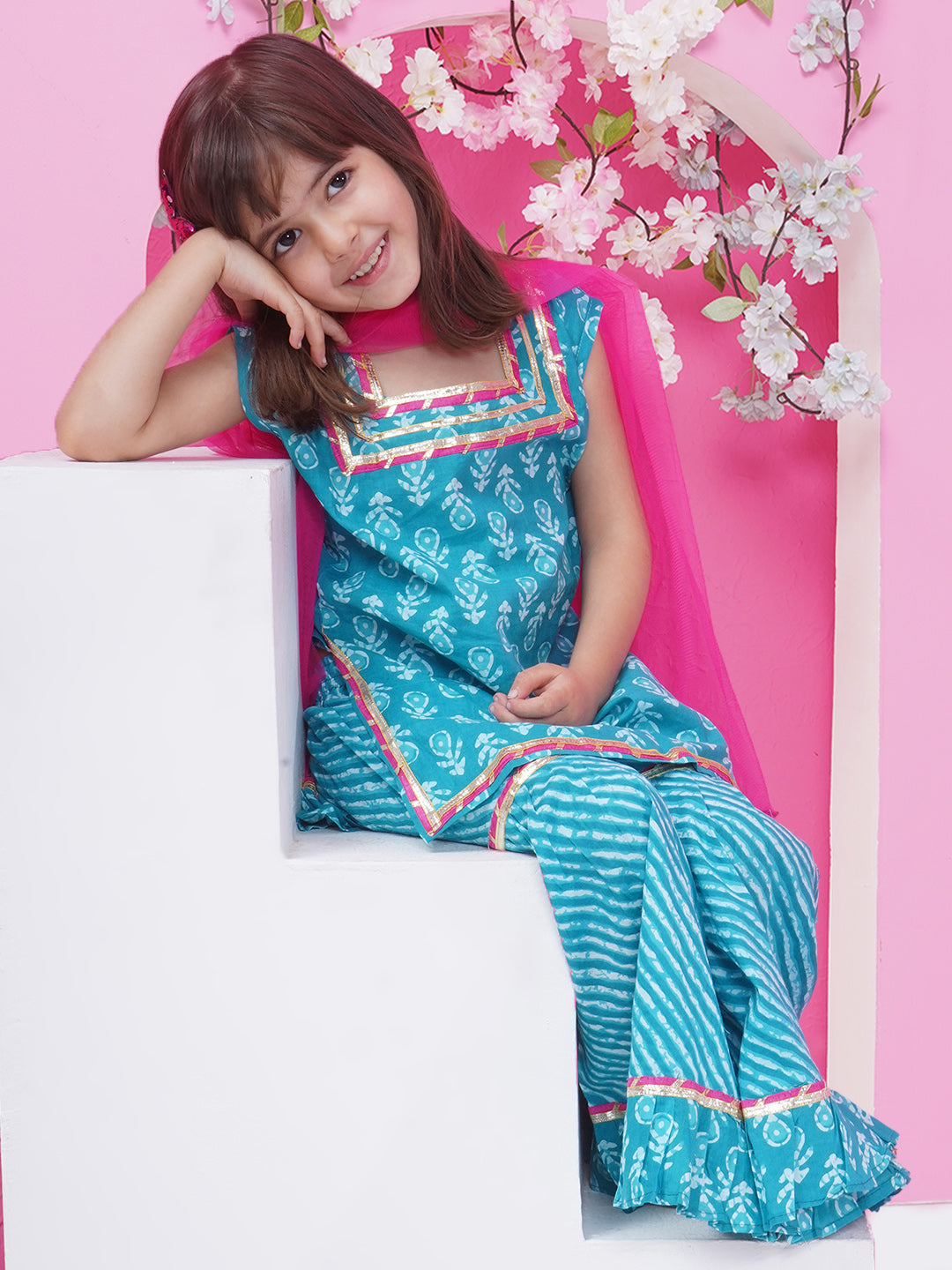 Girls Ethnic Printed Pure Cotton Kurti With Sharara & With Dupatta - Blue
