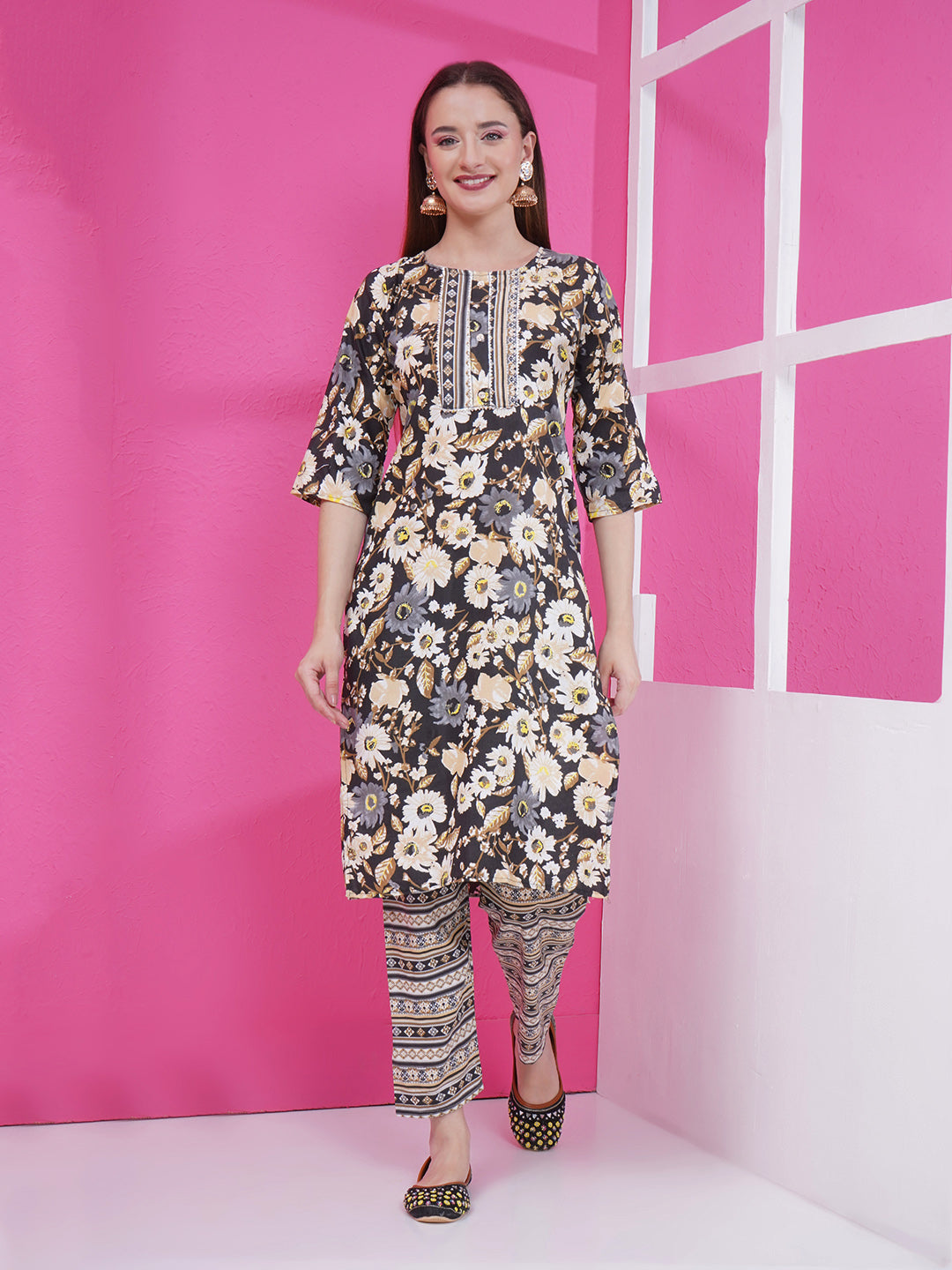 Floral Kurti Set - Black