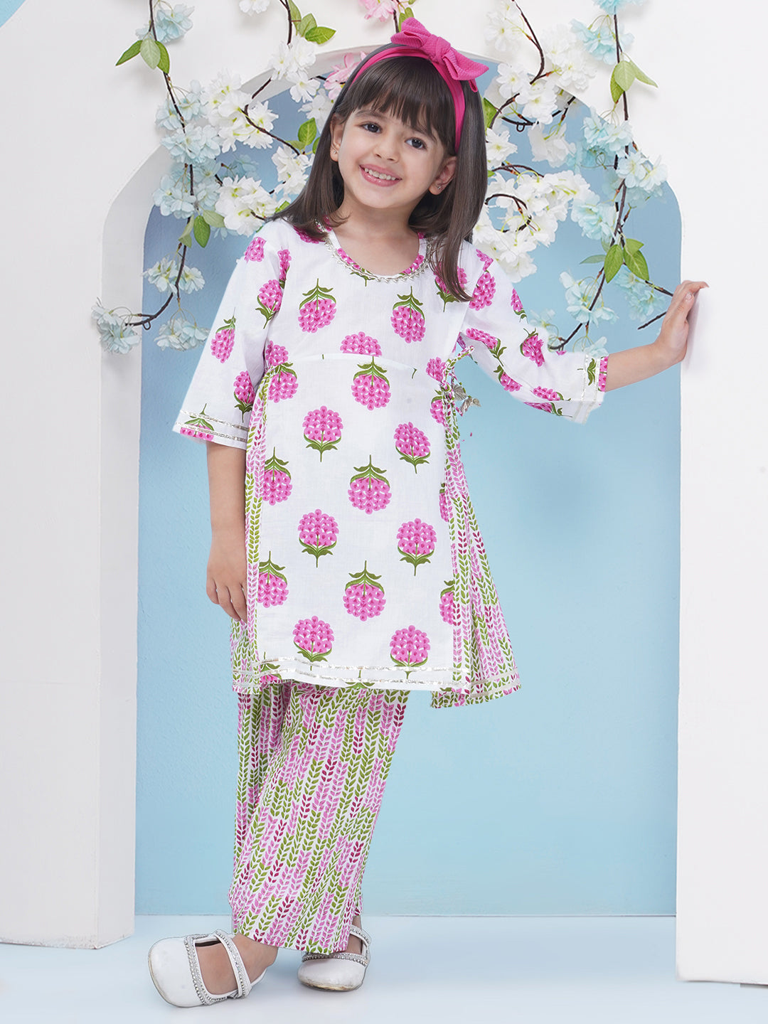Girls Floral Printed Cotton A-line Kurta With Palazzo - Pink