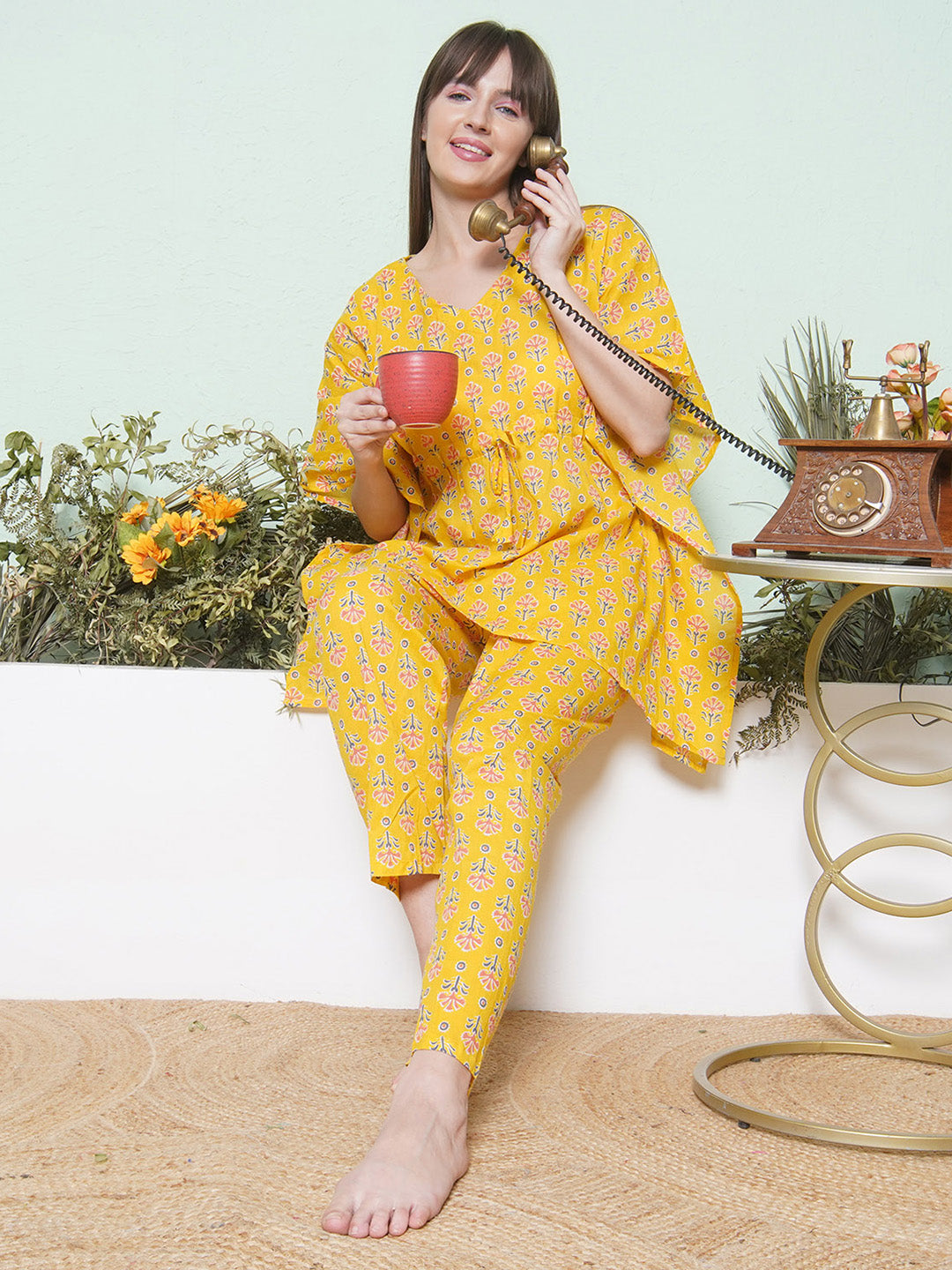 Printed Kaftan Lounge Wear - Yellow