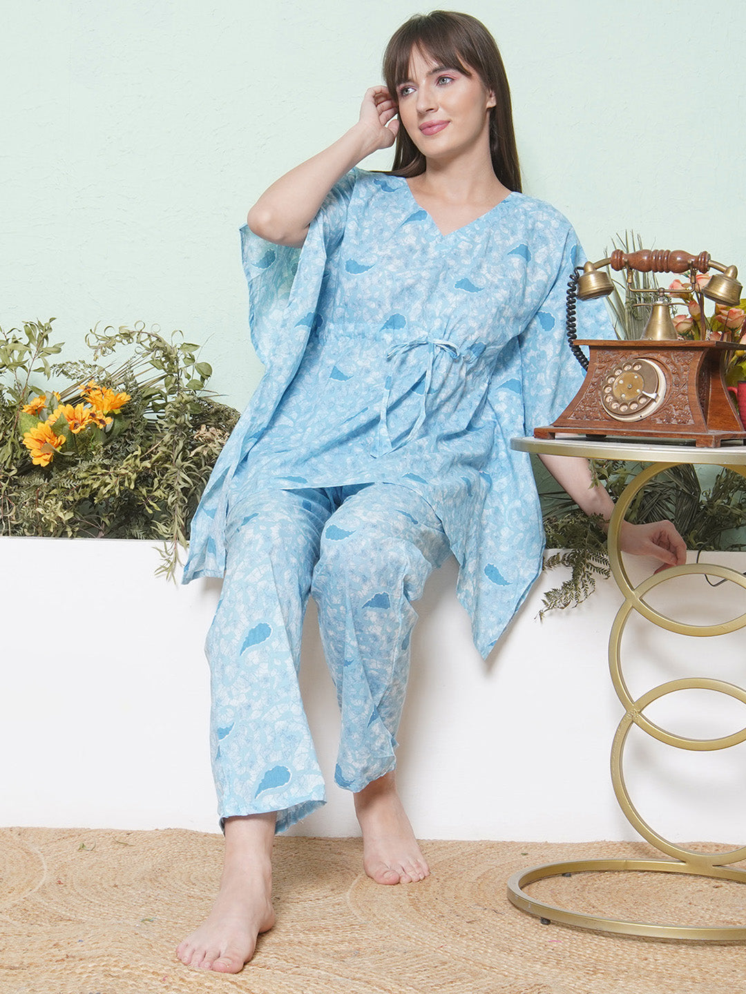 Printed Kaftan Lounge Wear - Light Blue