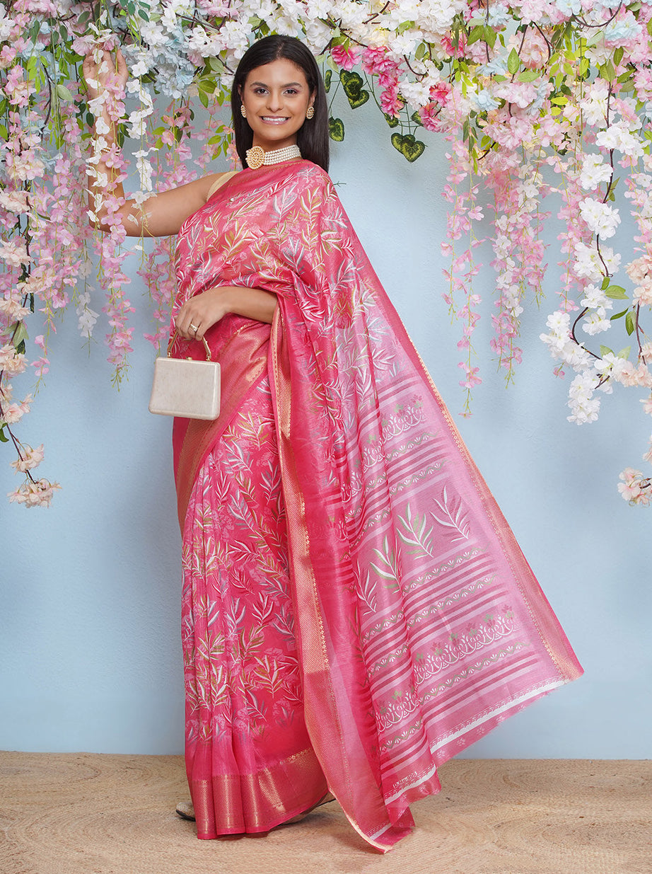 Cotton Silk Batik Print Saree - Pink