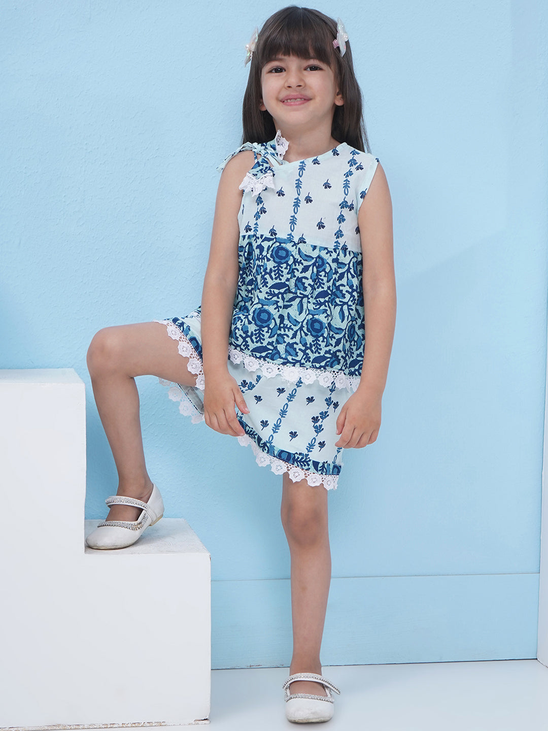 Girls Floral Printed Cotton Co-Ord Set - Blue