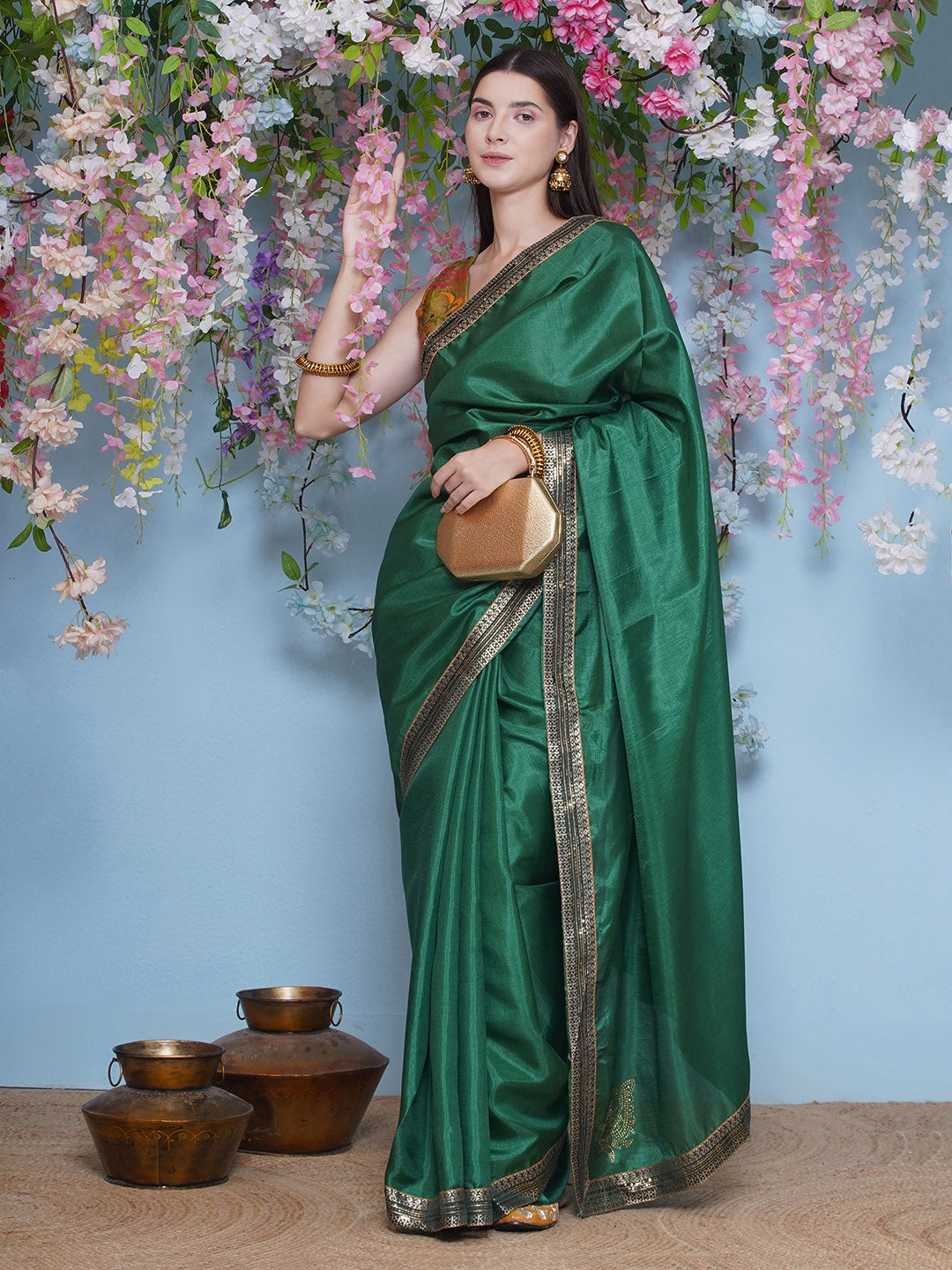 Svaroski Buta Silk Blend Saree - Emerald Green
