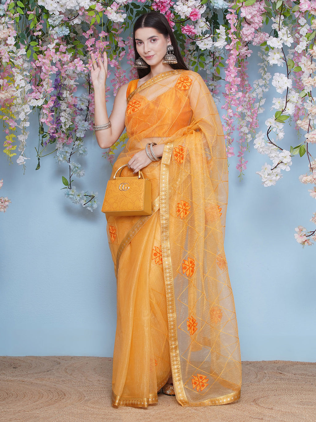 Net Emboridary Saree - Orange
