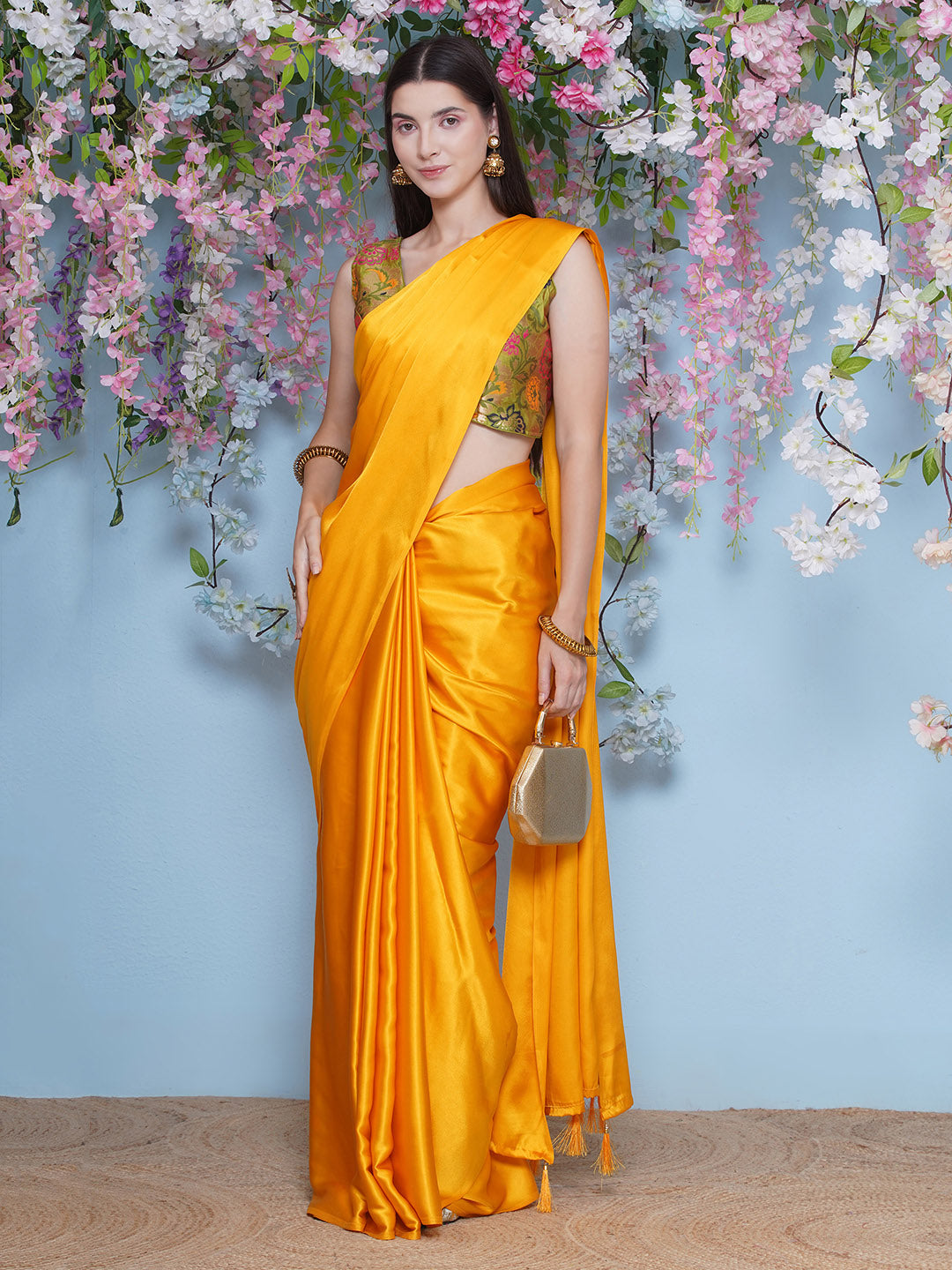 Satin Saree - Yellow
