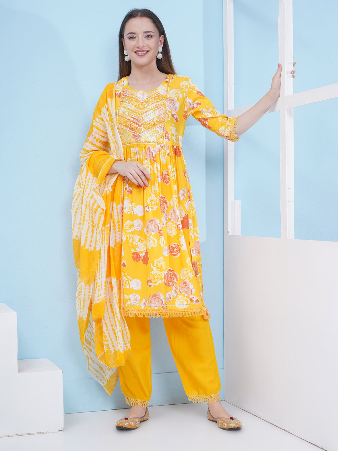 Nyra Cut Floral Print Suit Set - Yellow