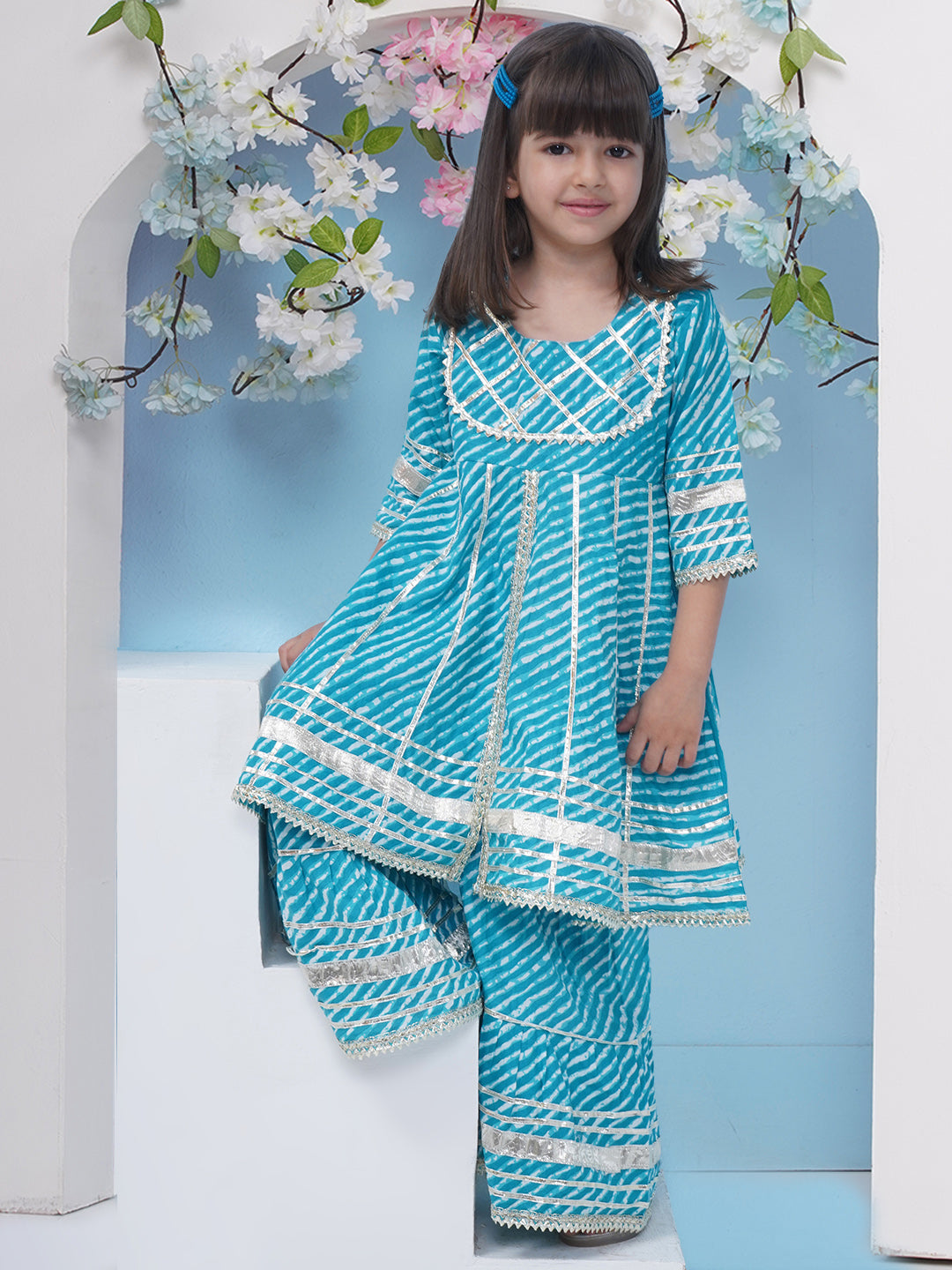 Girls Leheriya Print Gota Patti Pure Cotton Sharara - Blue