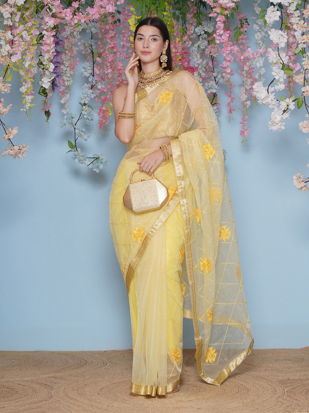 Net Embroidery Saree - Yellow