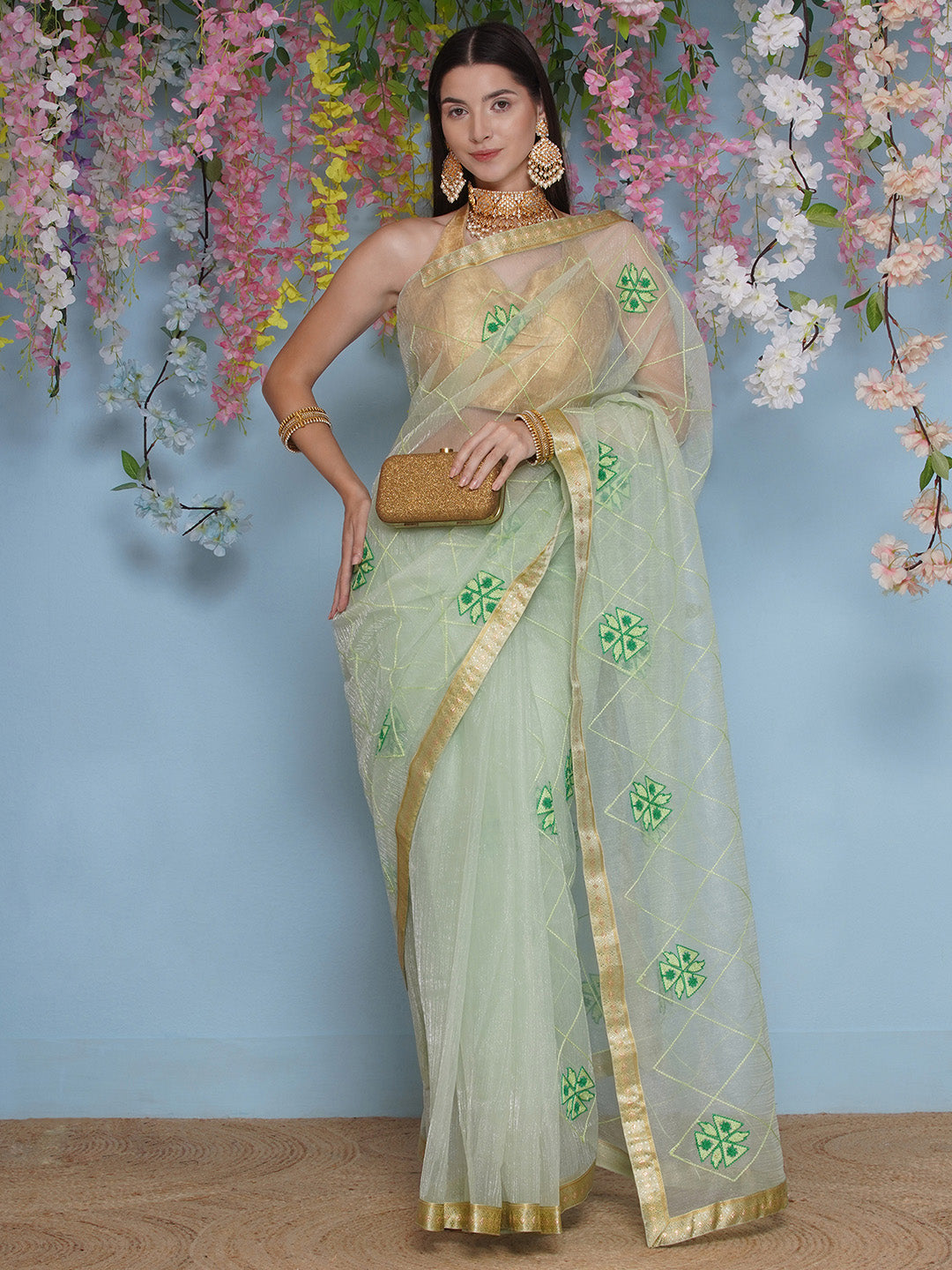 Net Embroidery Saree - Light Green
