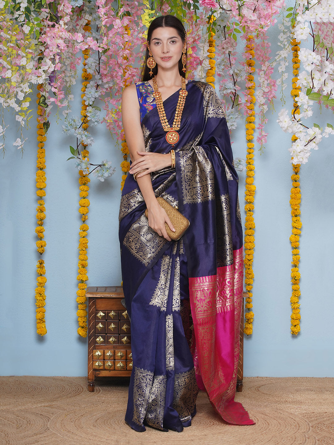 Silk Jacquard Zari Kanjeevaram Saree - Dark Blue & Magenta Pink