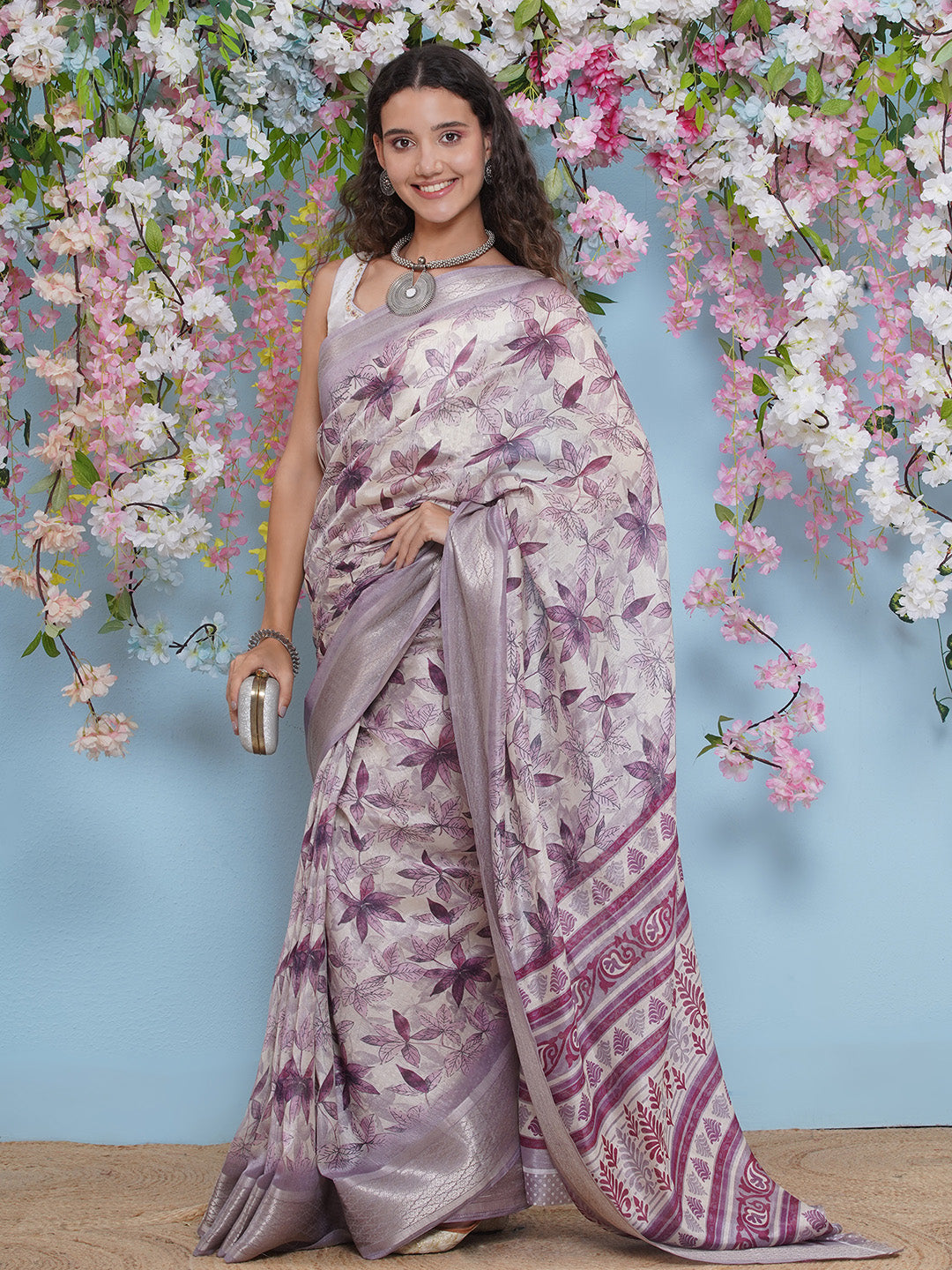 Cotton Silk Jacobean Pattern Saree - Lavender