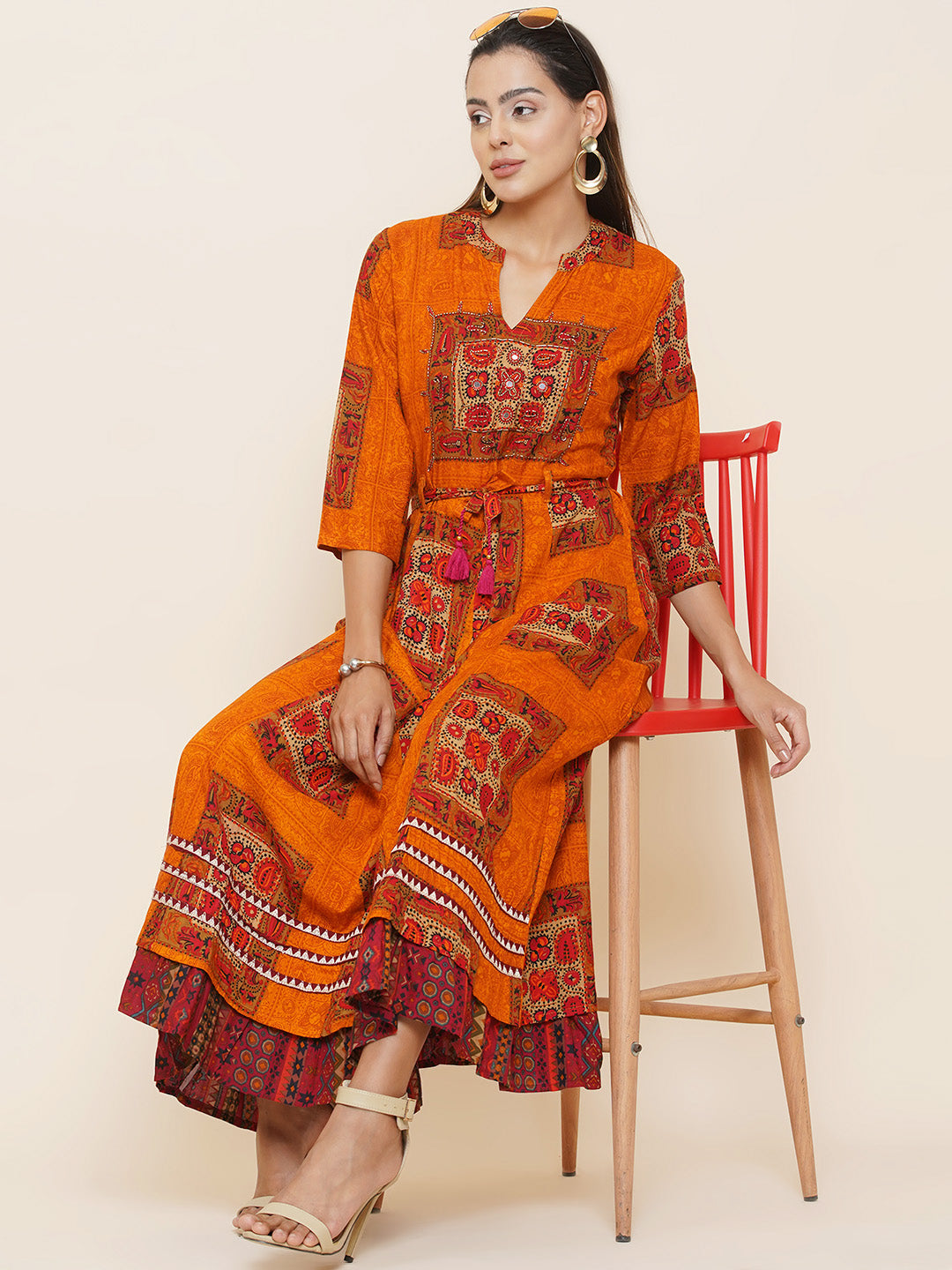 Motifs Printed Dress - Orange