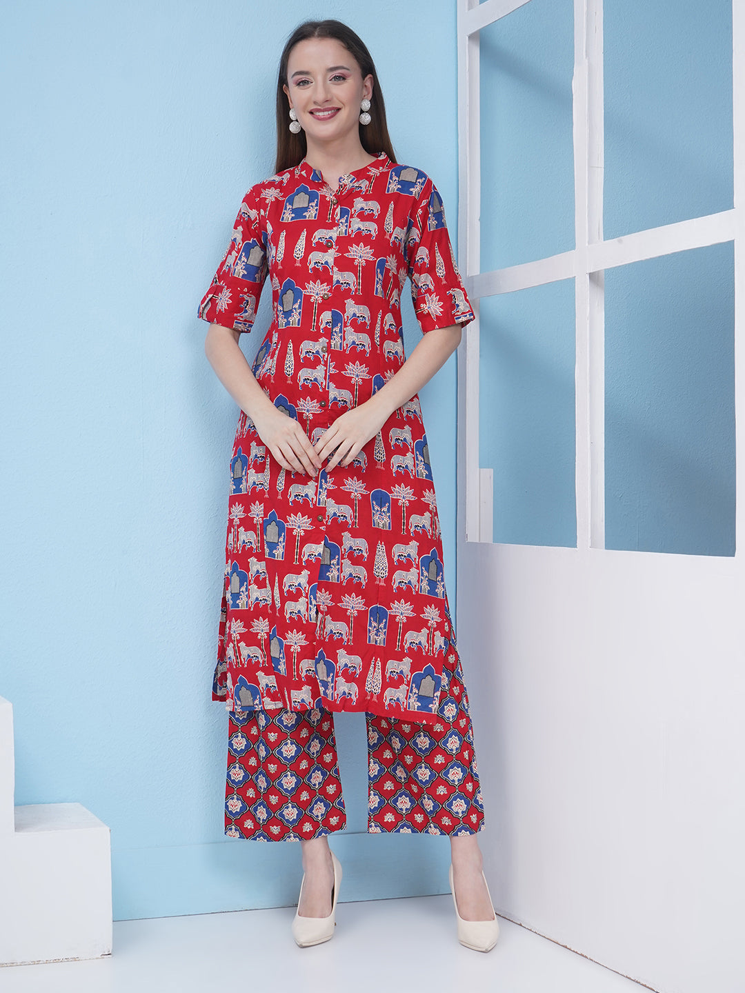 Printed Co-Ord Set for Women - Red & Blue