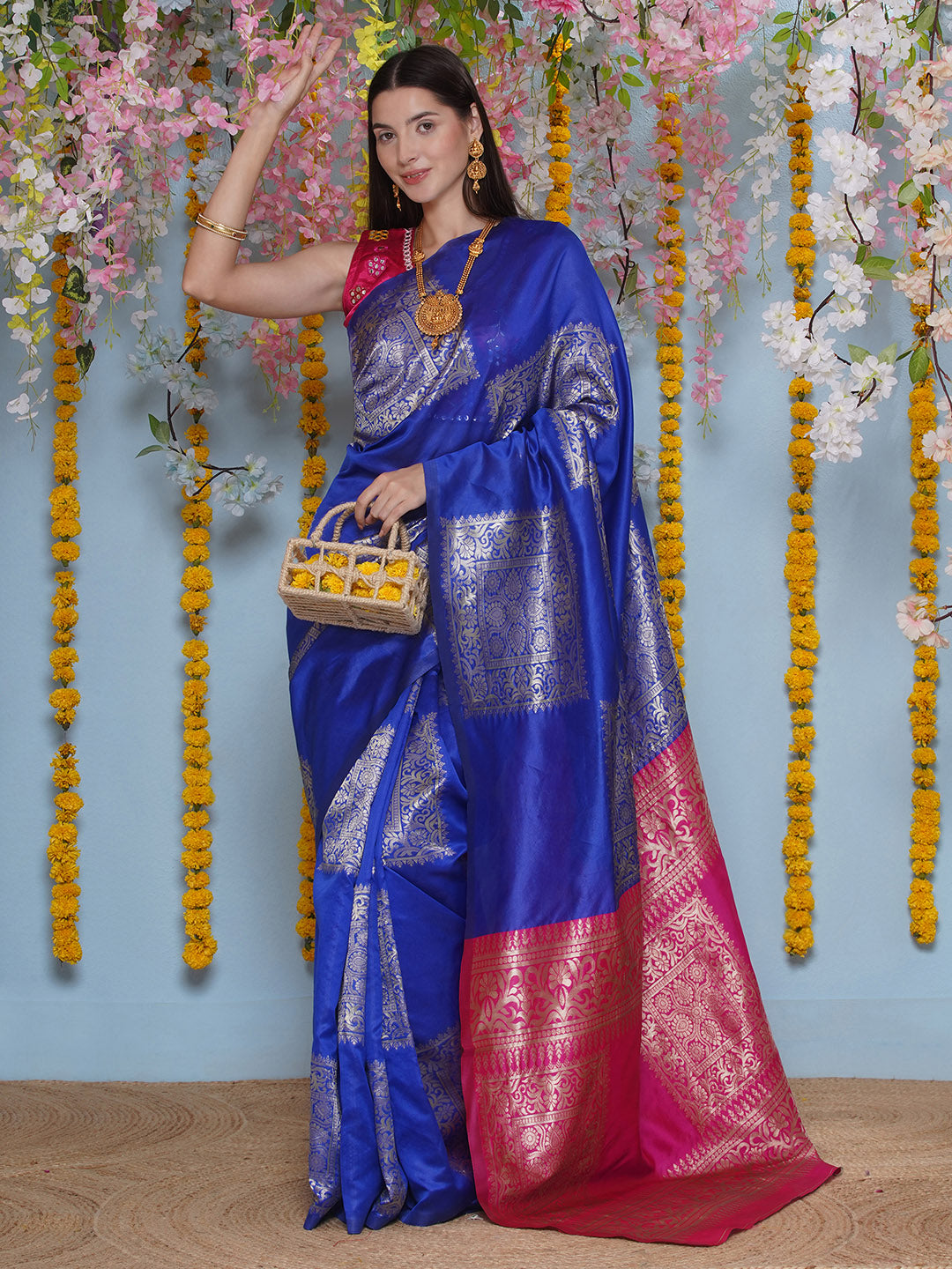 Silk Jacquard Zari Kanjeevaram Saree - Cobalt Blue & Magenta Pink
