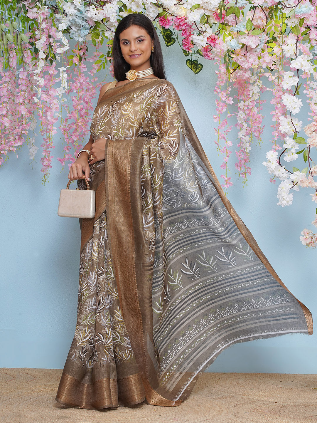 Cotton Silk Batik Print Saree - Brown