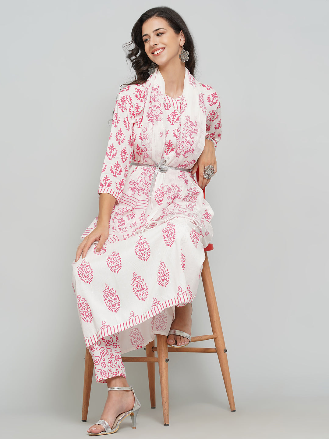 Angrakha Design Printed Suit Set - White & Red