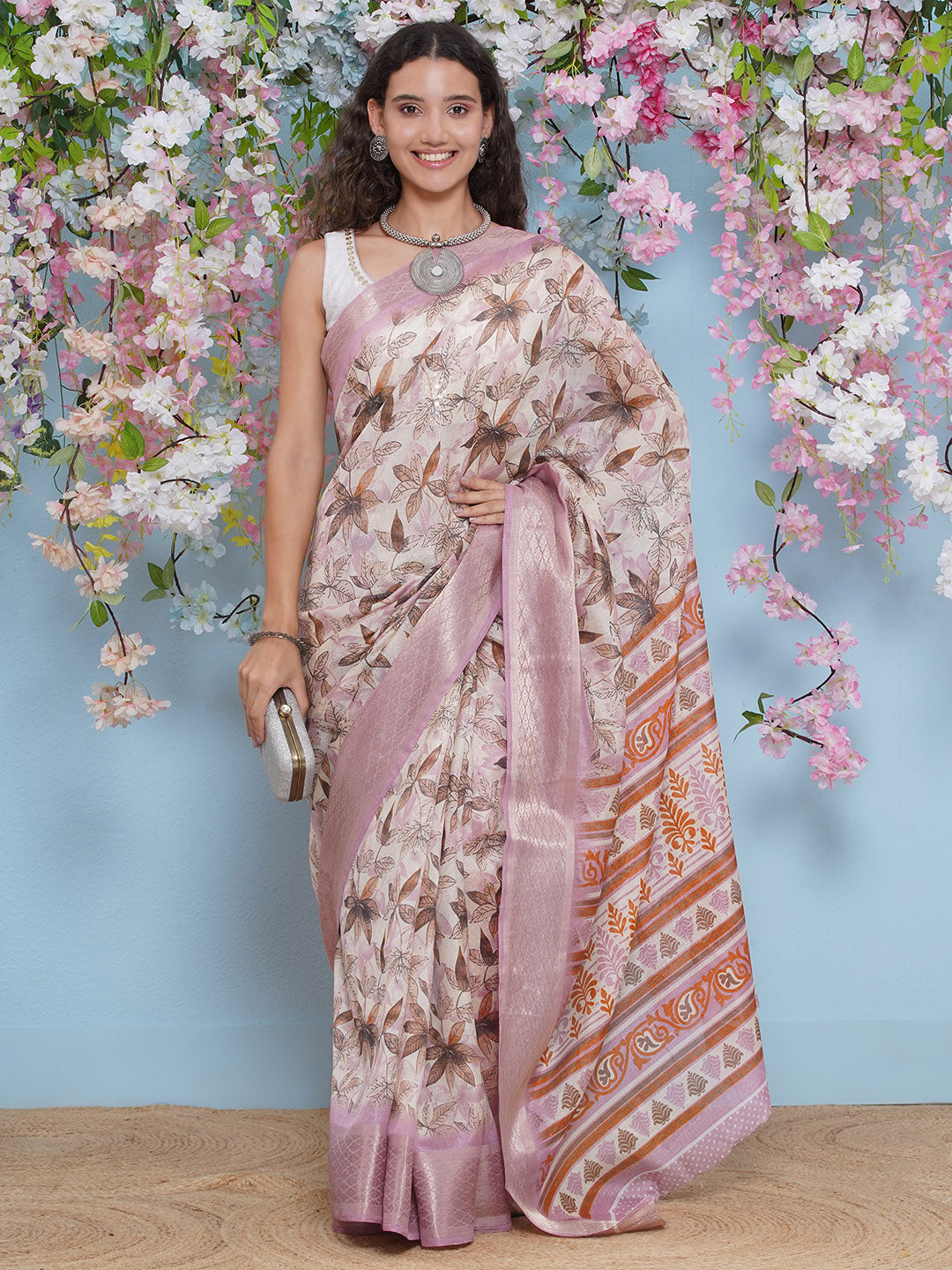 Cotton Silk Jacobean Pattern Saree - Baby Pink