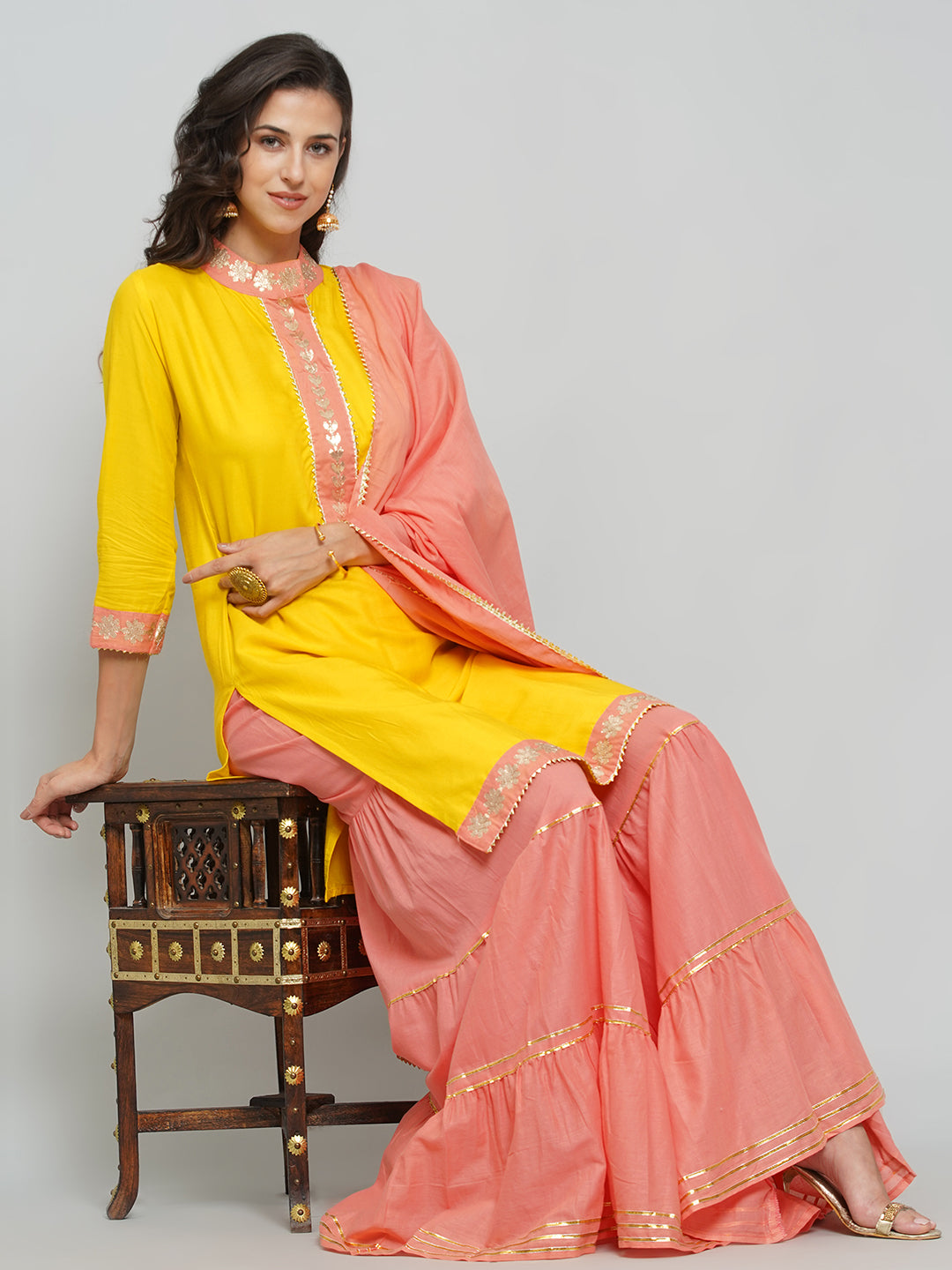 Gota Patti Sharara Suit Set - Yellow & Peach