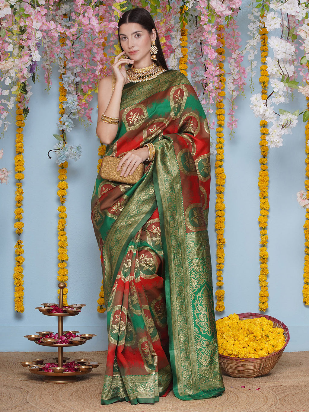 Banarasi Silk Jacquard Zari Kanjeevaram Saree - Peacock Green
