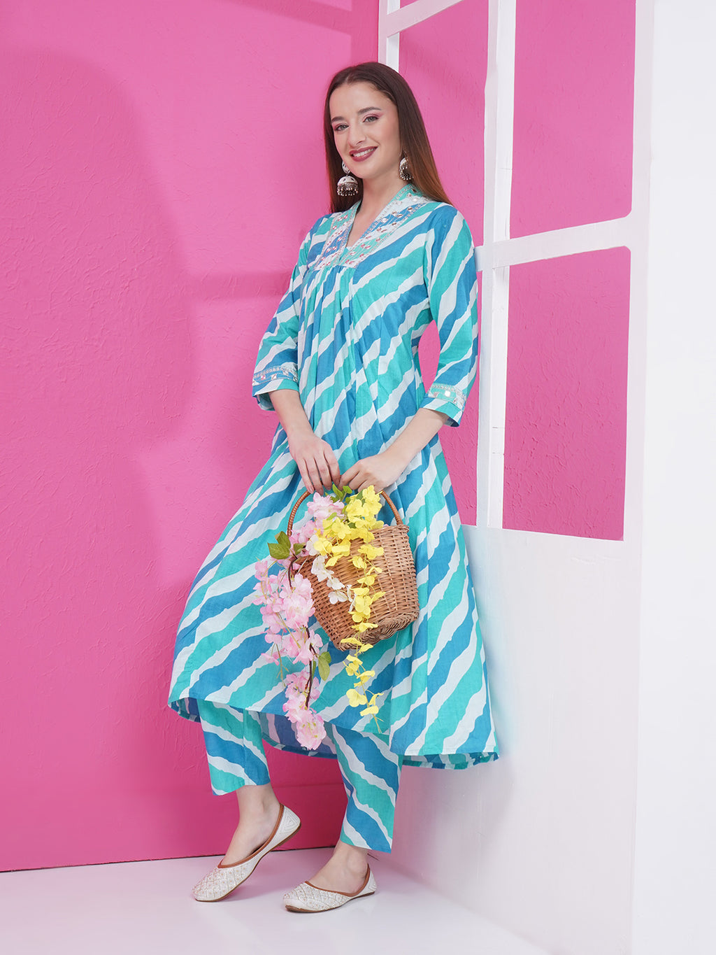 Lehriya Kurti & Pant Set - Cyan & Blue