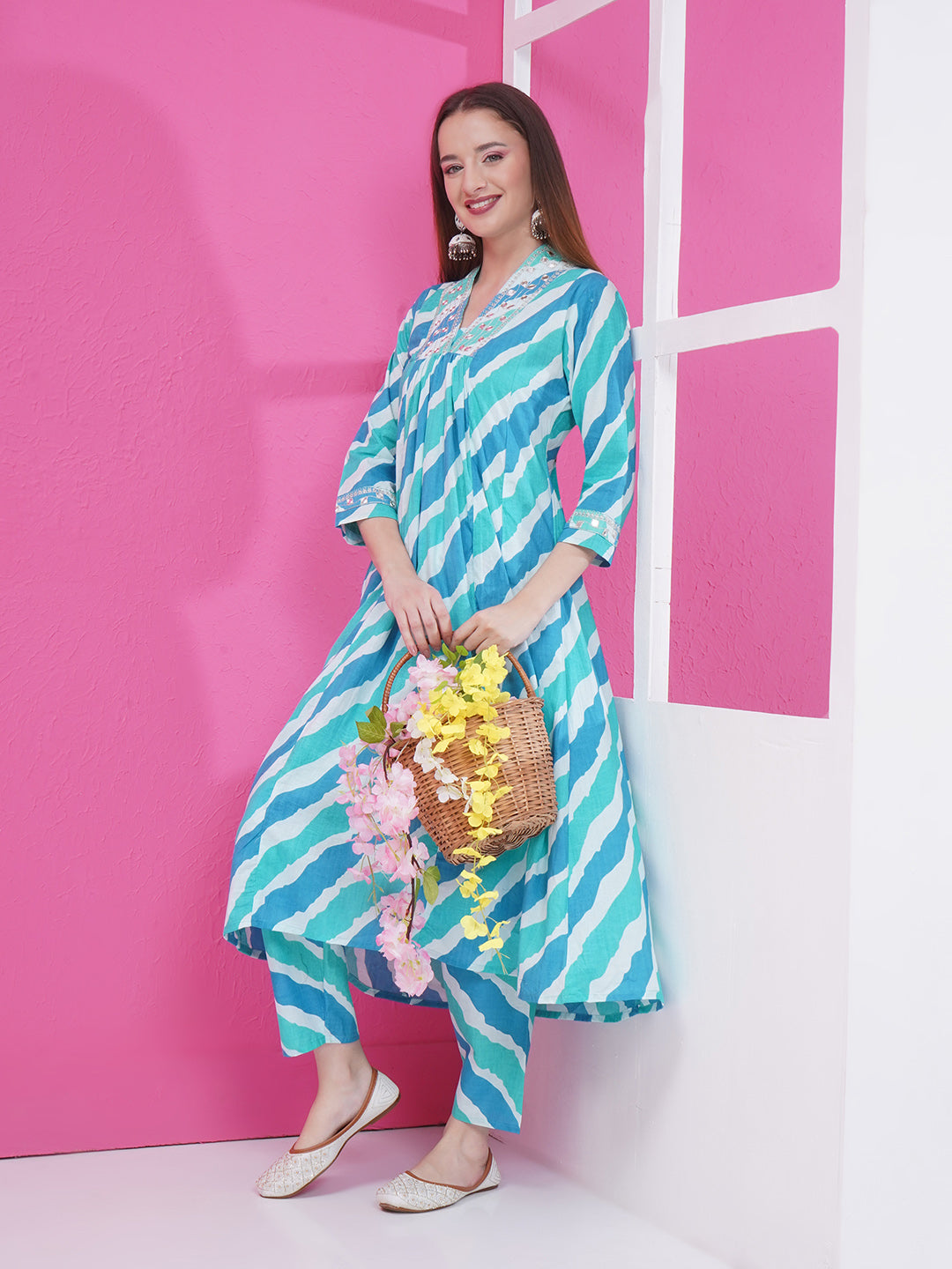 Lehriya Kurti & Pant Set - Cyan & Blue
