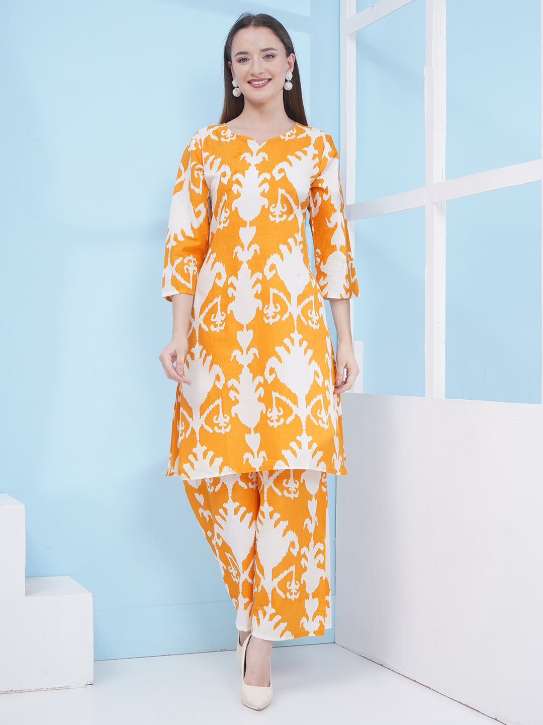 Motifs Printed Cotton Co-ord Set - Yellow