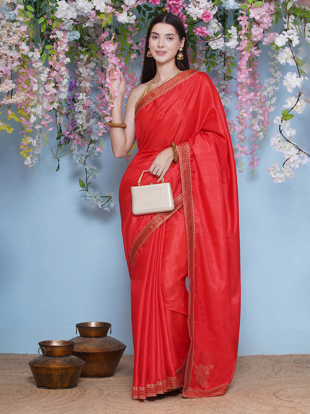 Svaroski Buta Silk Blend Saree - Cherry Red