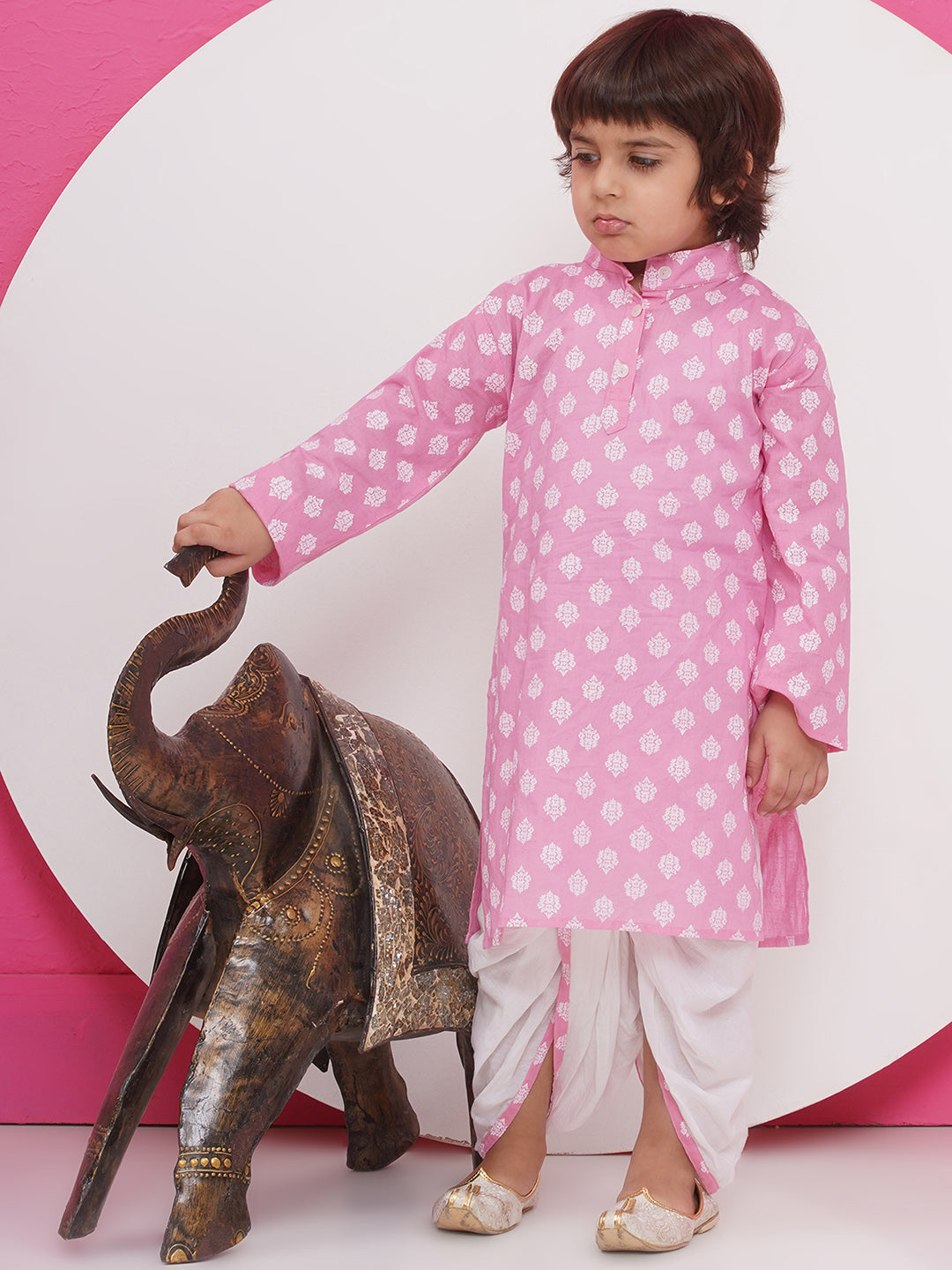 Boys Boti Printed Cotton Kurta with Dhoti - Pink