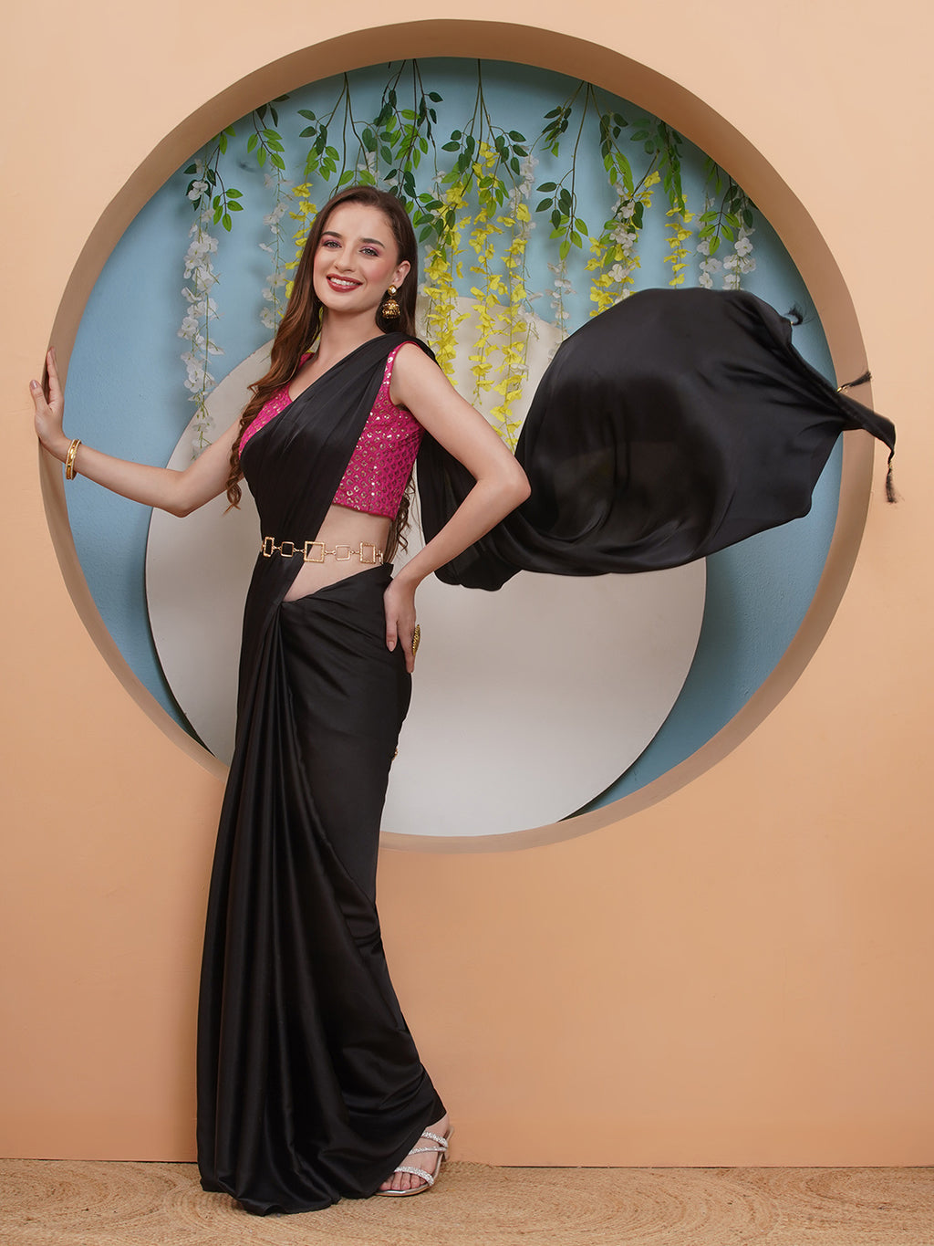 Satin Saree - Solid Black
