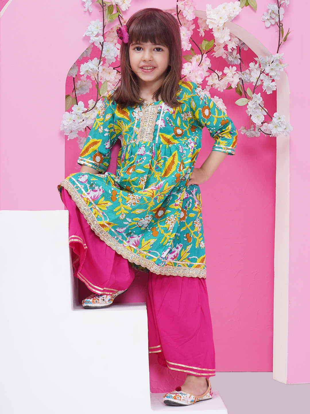 Girls Floral Printed Gotta Patti Pure Cotton Sharara - Green & Pink