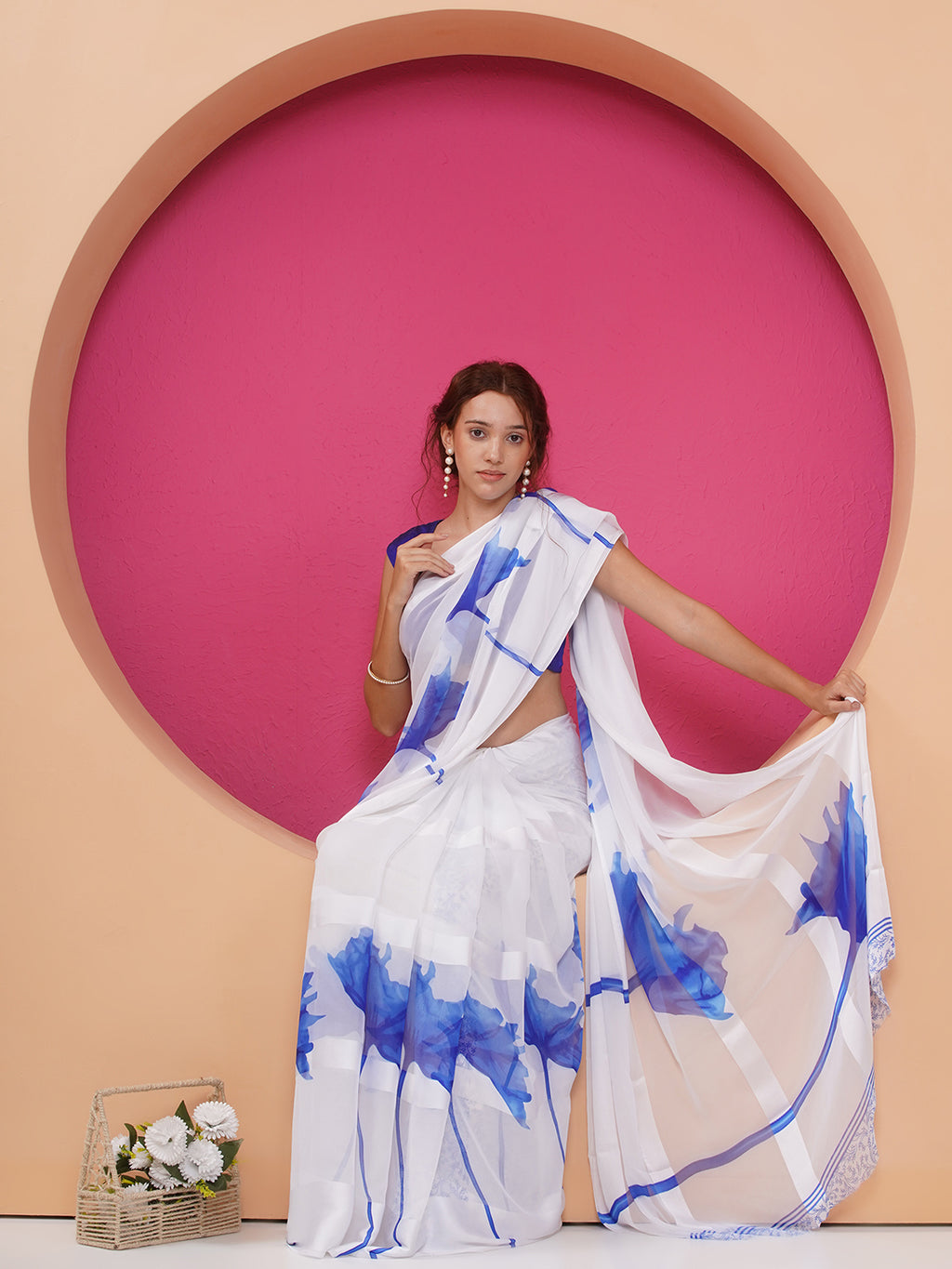 Floral Print Chiffon Saree - White-Blue