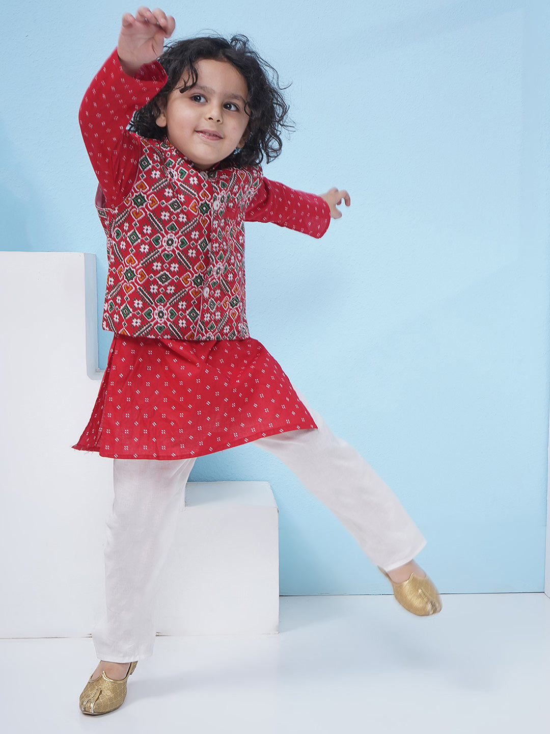 Boys Patola Print Cotton Kurta with Pajama With Jacket - Red