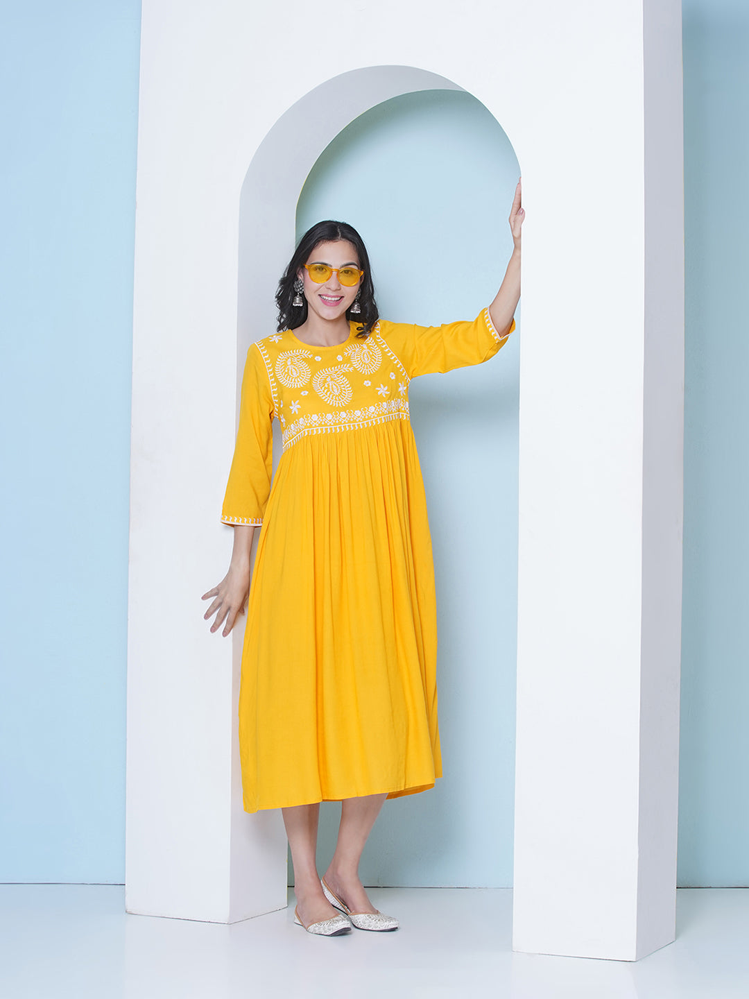Embroidery Gown Dress - Yellow