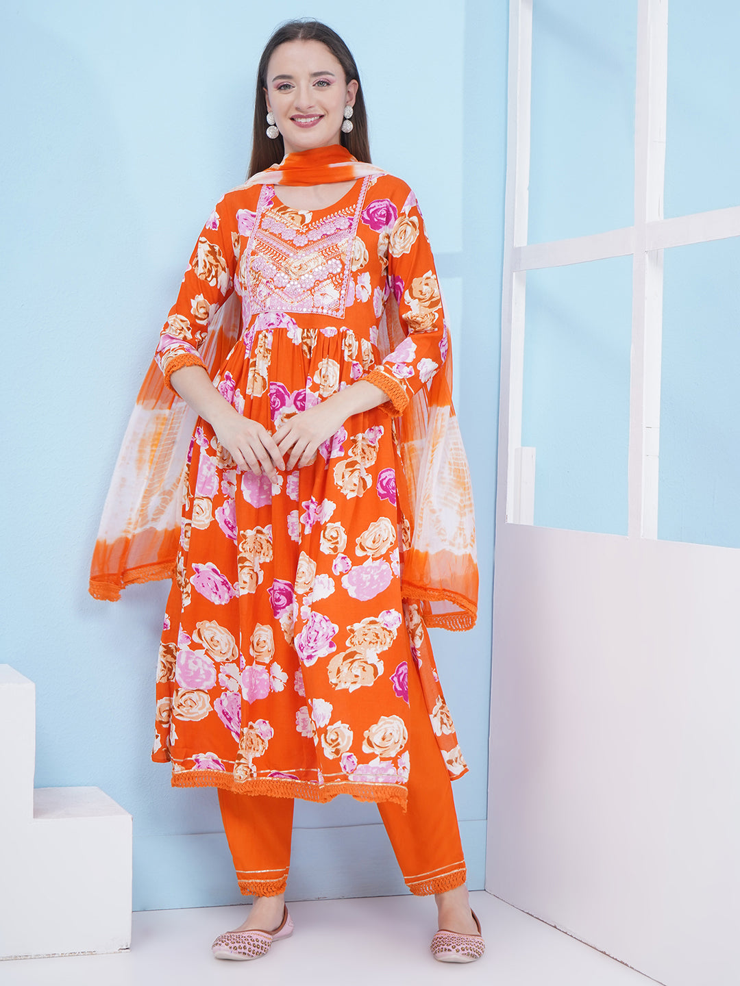 Nyra Cut Floral Print Suit Set - Orange