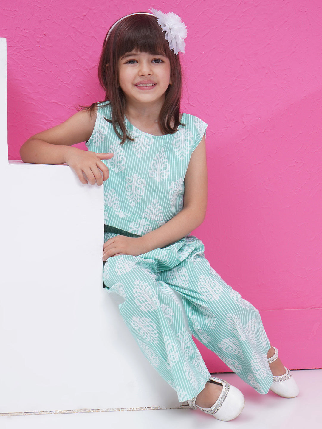 Girls Block Print Co-Ord Set - Mint Green