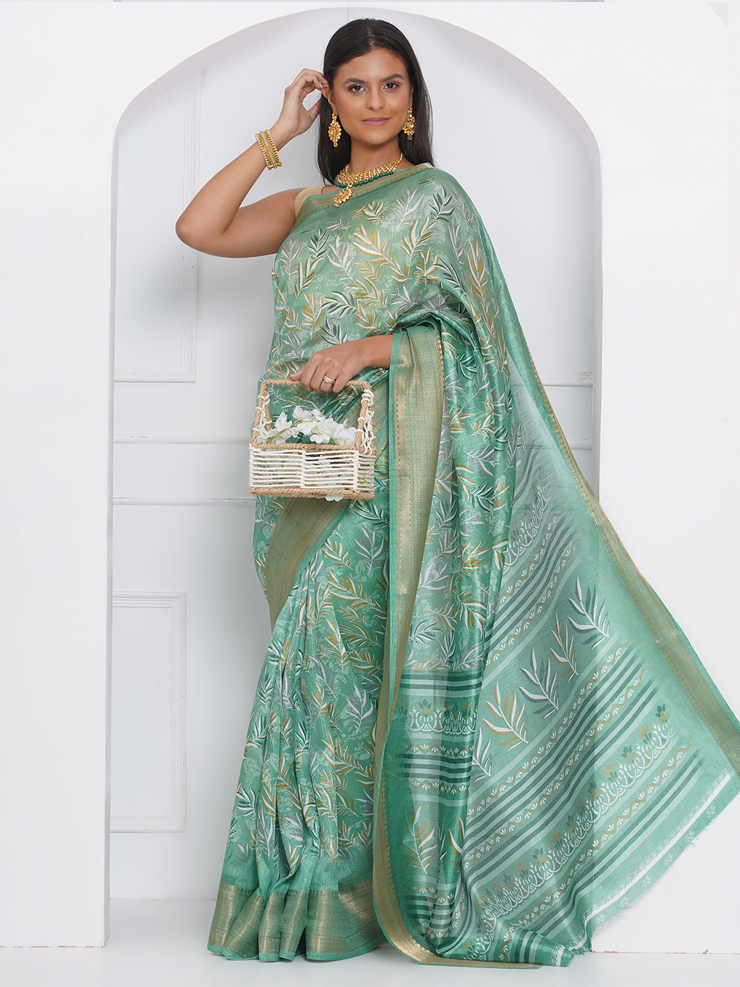 Cotton Silk Batik Print Saree - Cyan