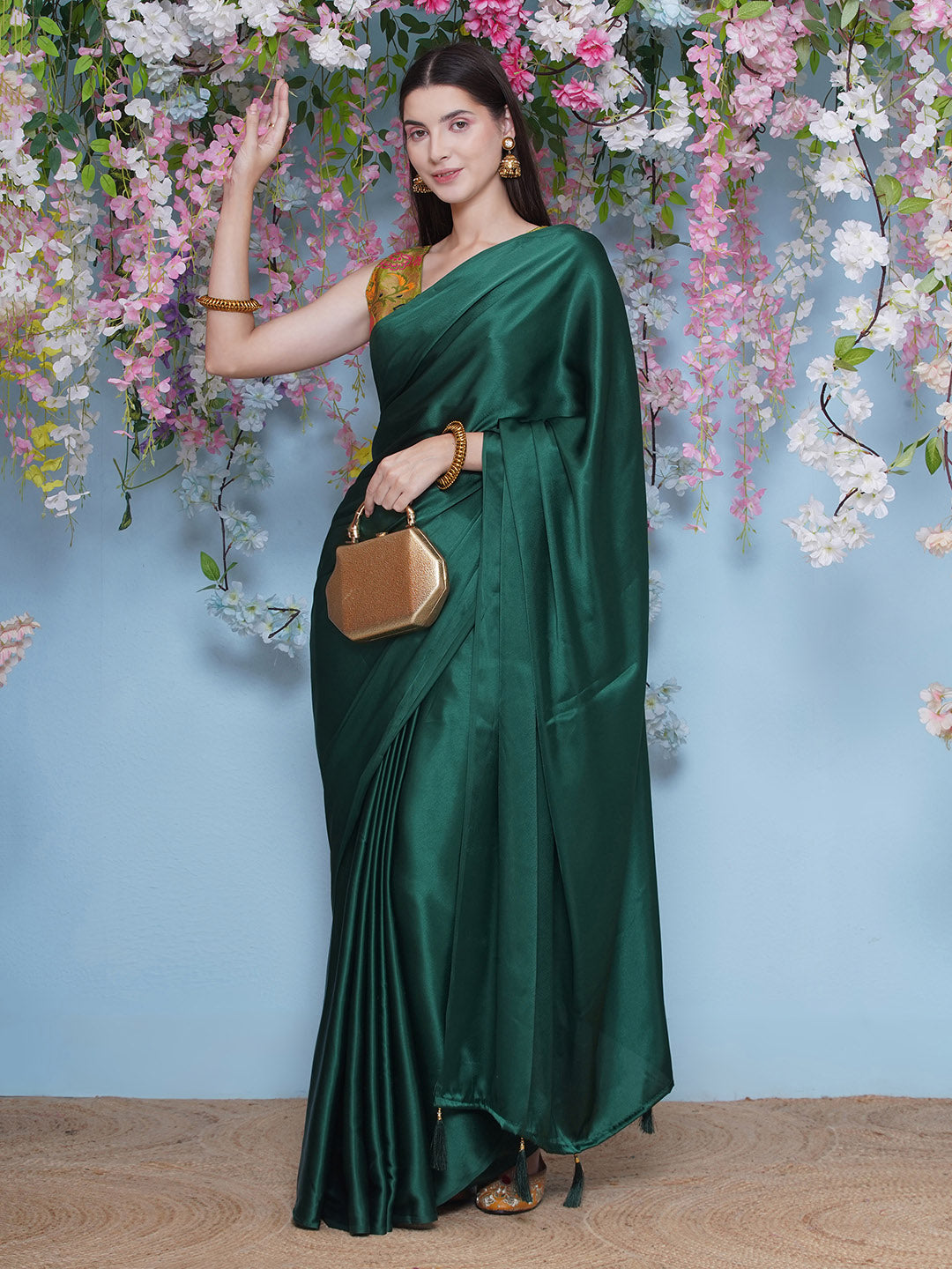 Satin Saree - Peacock Green
