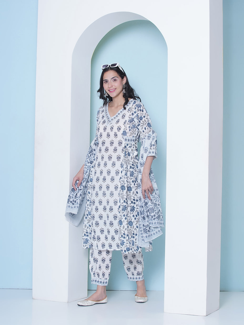 Printed Motif Kurti with Afghani Pant & Dupatta - Blue