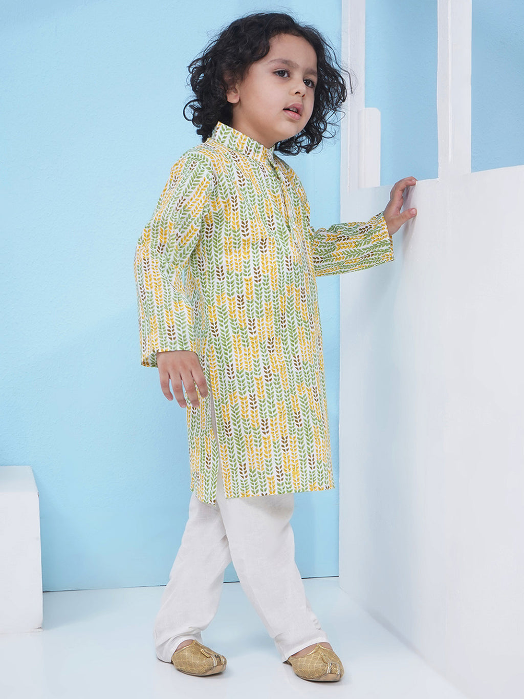 Boys Floral Printed Cotton Kurta with Pajama - Green & Yellow