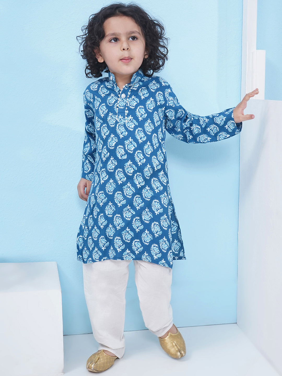 Boys Block Printed Cotton Kurta with Pajama - Blue