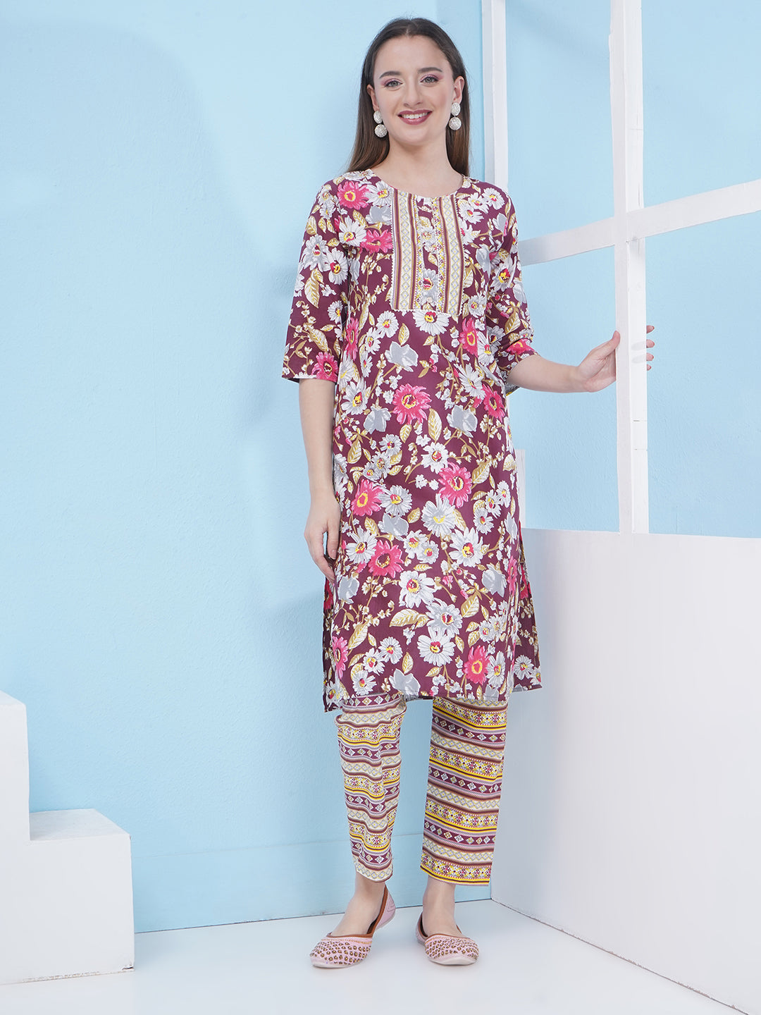 Floral Kurti Set - Maroon