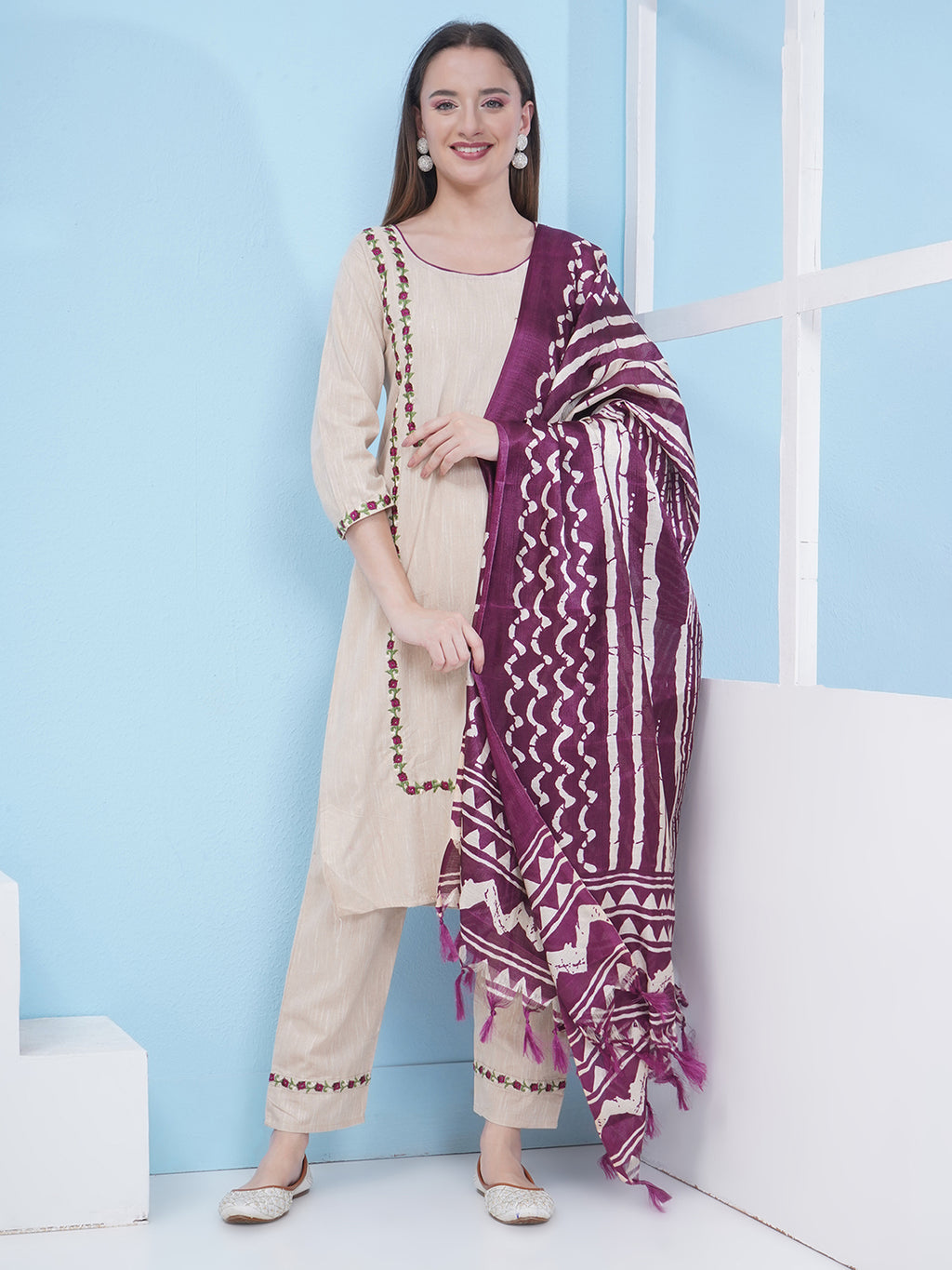 Embroidery Khadi Suit Set - Cream & Purple