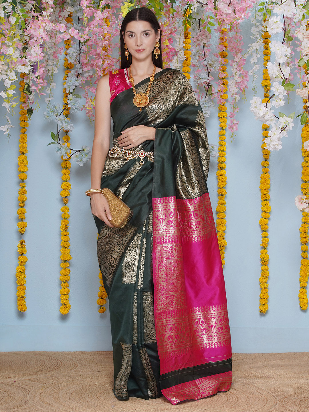 Silk Jacquard Zari Kanjeevaram Saree - Dark Green & Magenta Pink