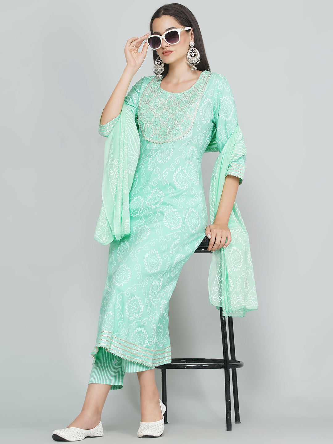 Gota Patti Bandhani Print Suit Set - Aqua Green