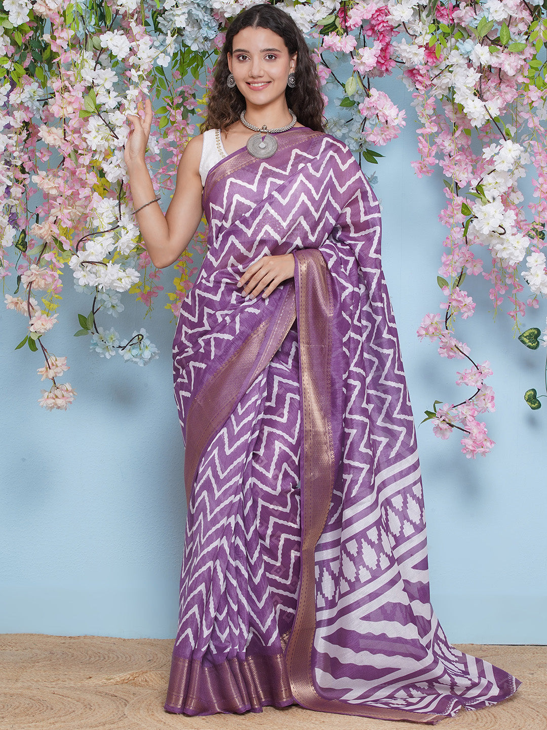 Cotton Silk Chevron Pattern Saree - Purple